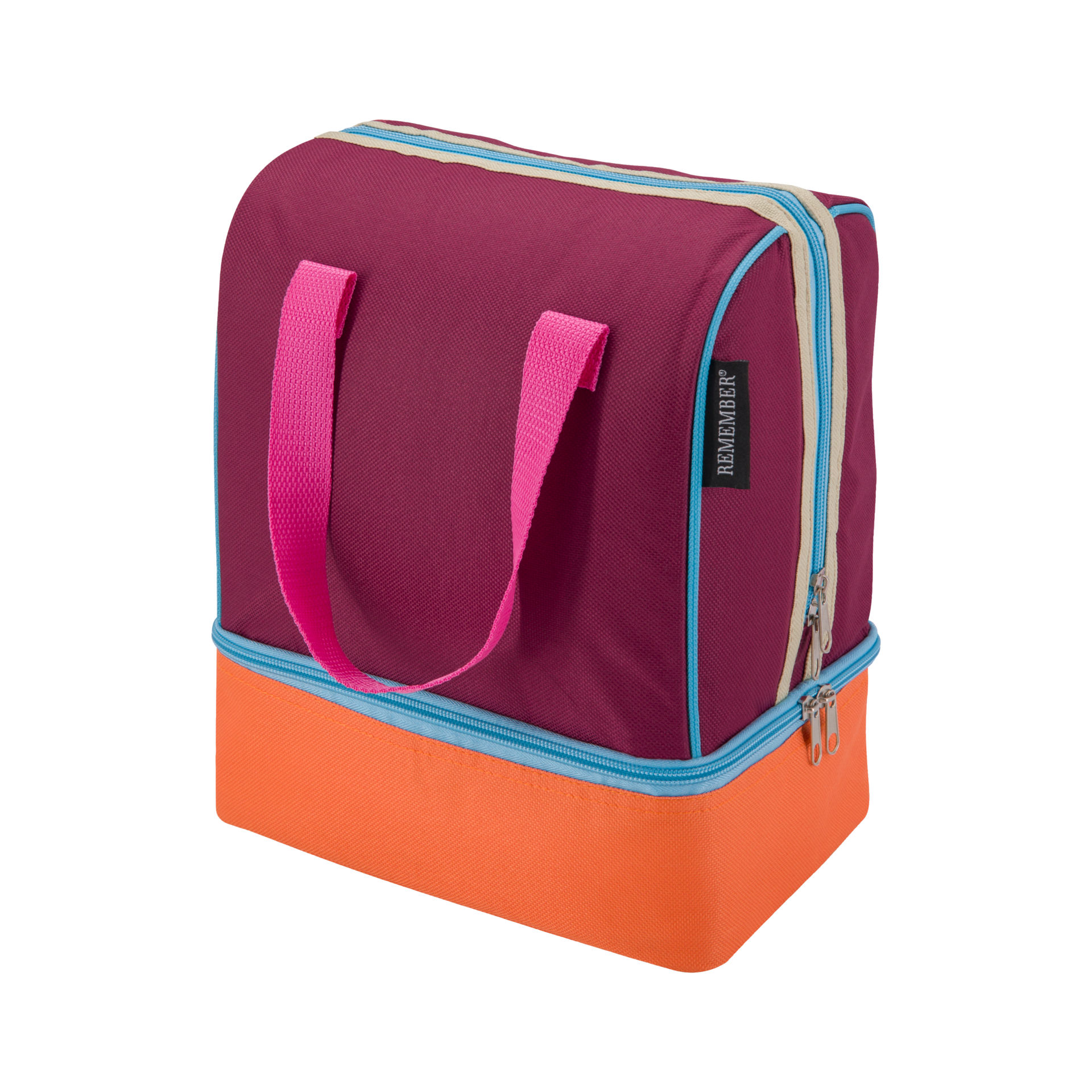 Lunch-Kühltasche 'Telli': Rechteckige Tasche in Aubergine und Orange mit rosa Tragegriffen. Reißverschlüsse und blaue Akzente heben die zwei Fächer hervor.