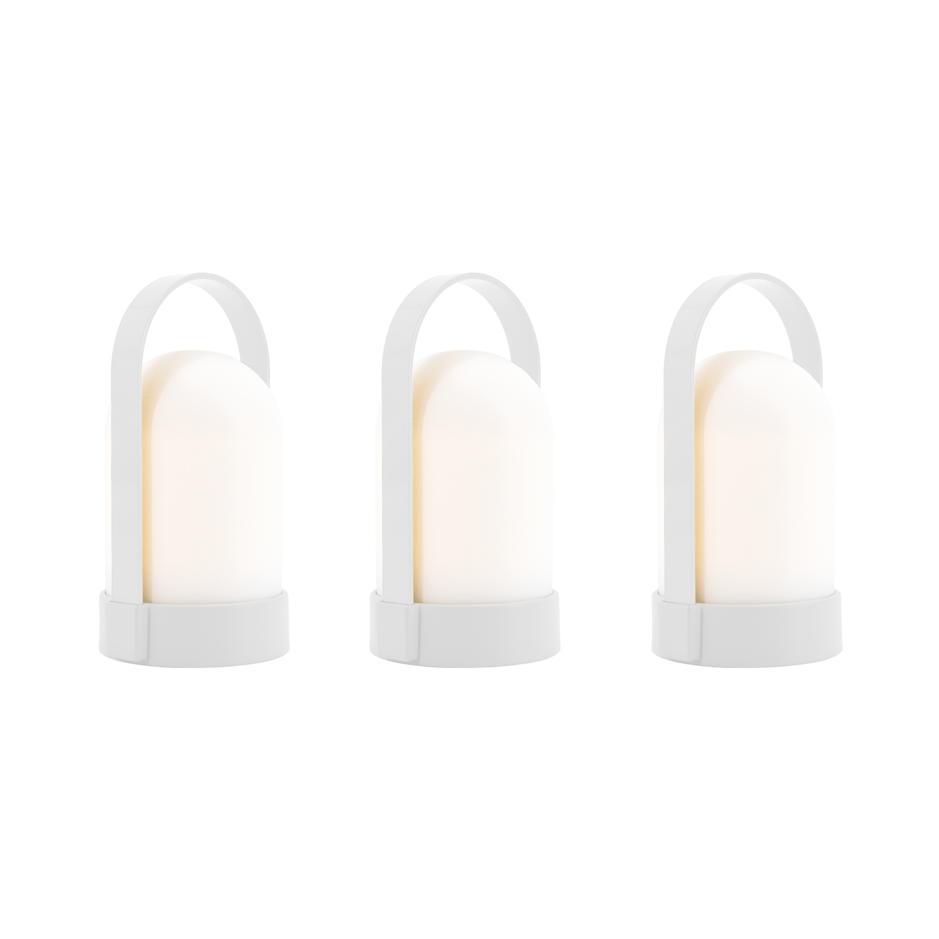 Drei weiße URI Piccolo Leuchten im Set. Jede Lampe verfügt über einen Tragebügel und emittiert warmweißes Licht. Die LED-Leuchten sind vor einem weißen Hintergrund arrangiert.