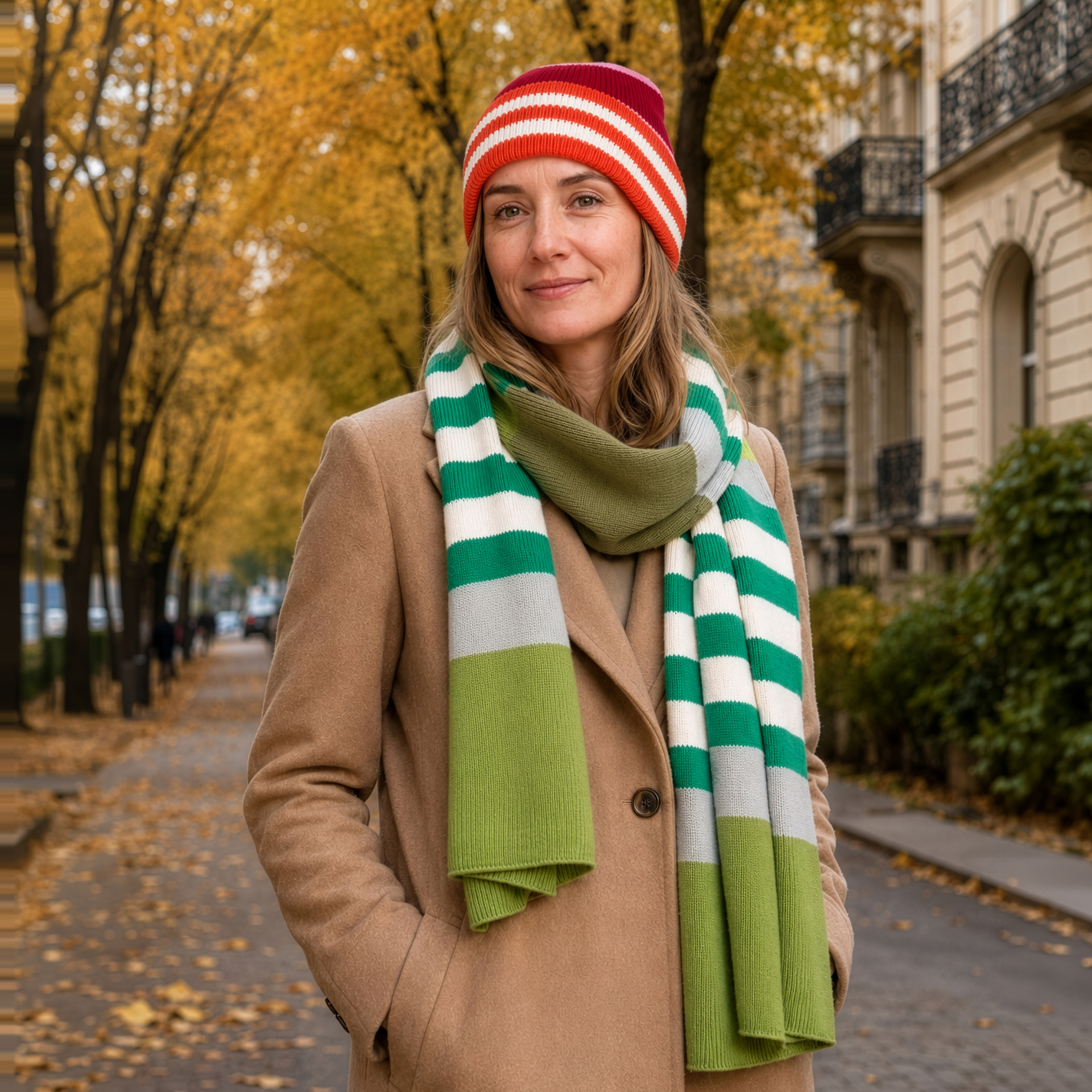 Une écharpe en coton toute douce, de couleur vert kiwi et crème, enroulée sans serrer sur elle-même et tombant à la verticale. Elle présente de larges rayures horizontales dans des tons de vert vif, de crème clair et d’un vert olive plus foncé.