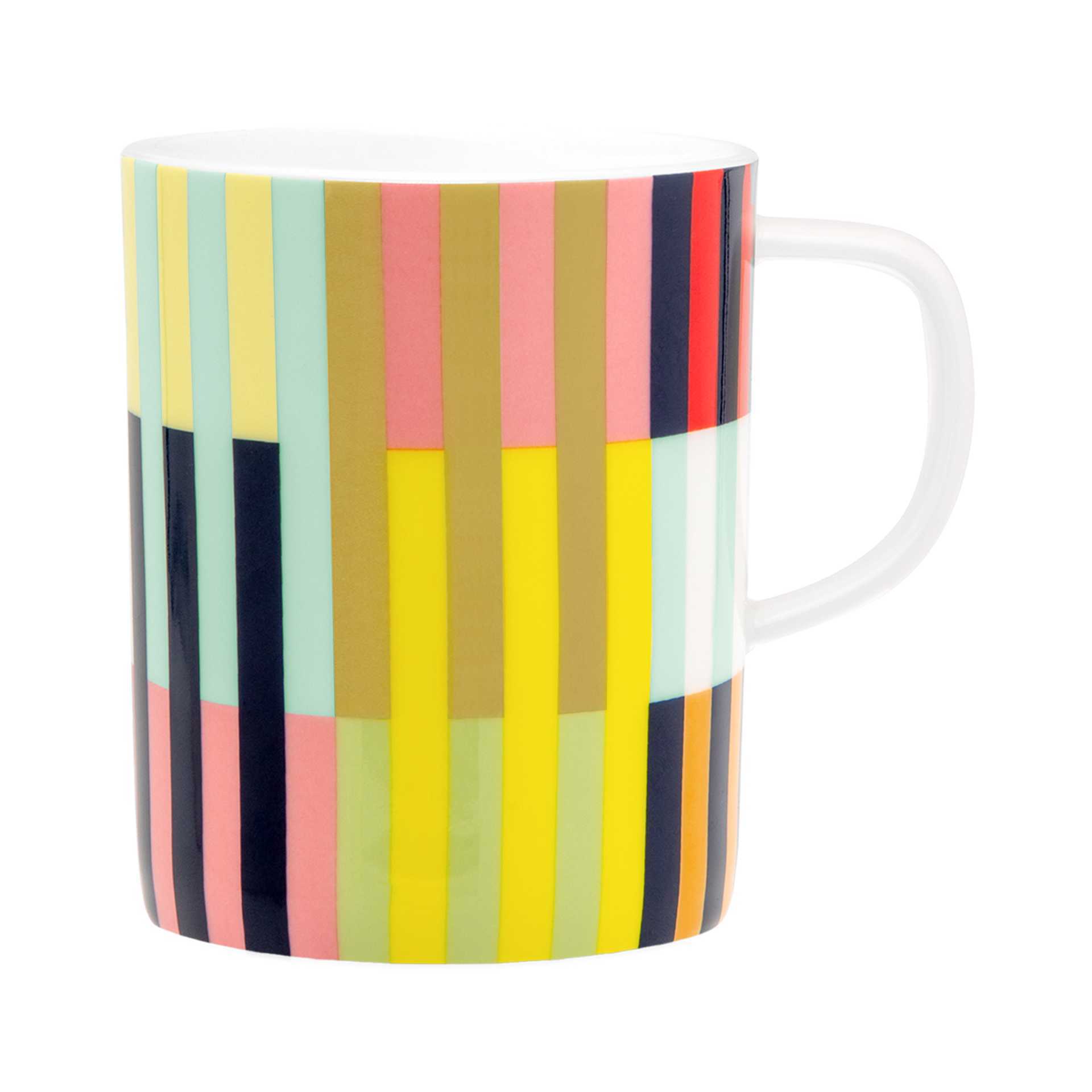 Keramiktasse 'Havanna' mit weißem Henkel und bunten, vertikalen Farbstreifen in Gelb, Rosa, Grün und Blau.