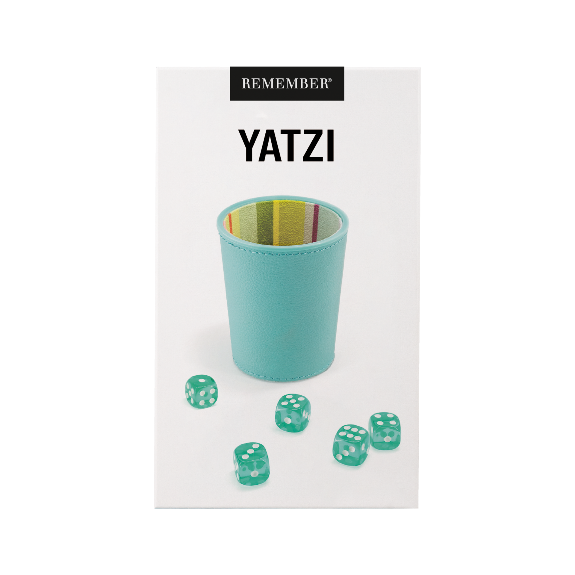 Un gobelet à dés de couleur turquoise, à la texture simili-cuir et doté d'une doublure en velours rayé multicolore, repose sur un socle blanc. Cinq dés de Yatzi verts transparents, parsemés de points blancs, sont disposés tout autour du gobelet.