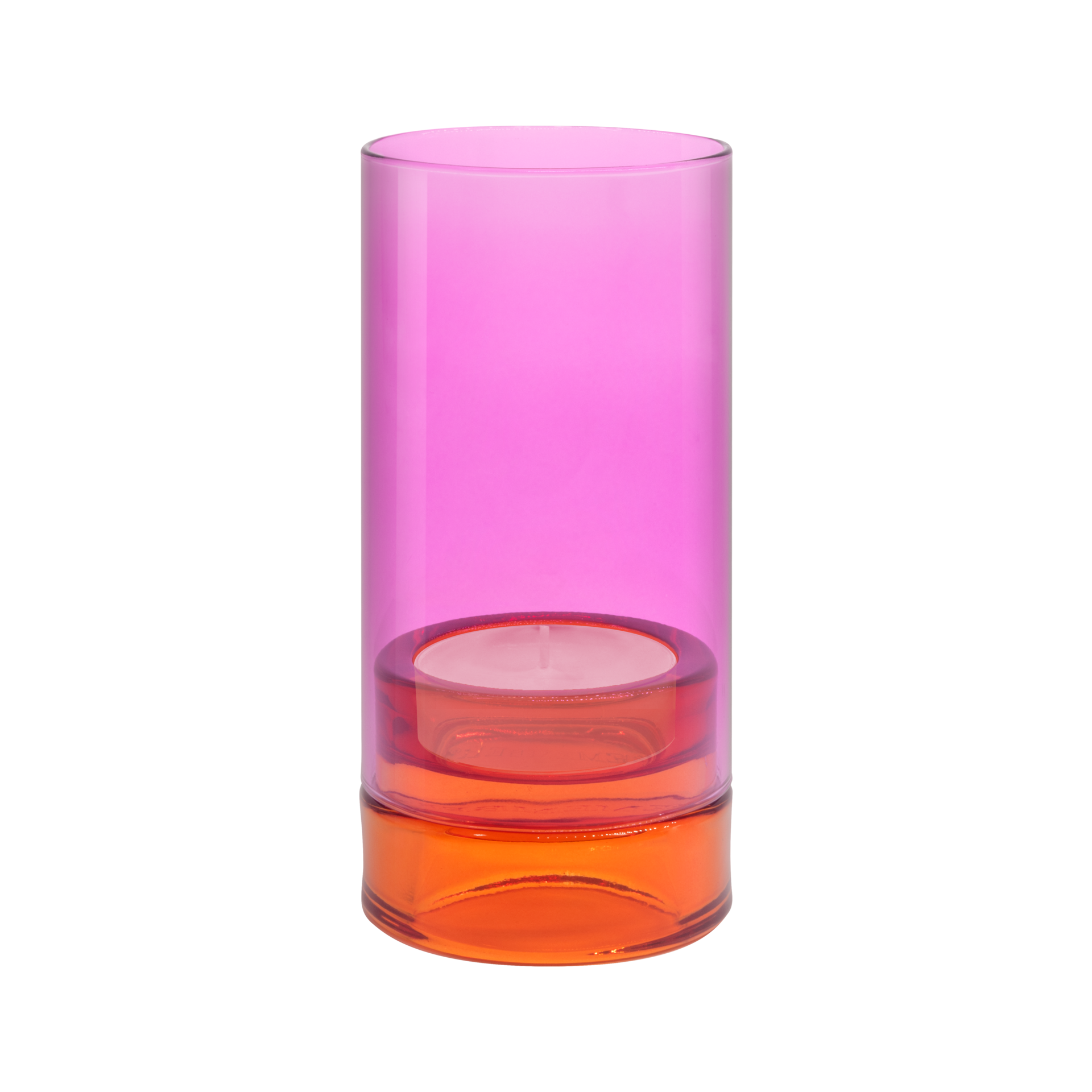 Pinkes Glaswindlicht mit Teelicht, zylindrischer Form. Sockel in Orange, darauf ein Einsatz für das Teelicht. Das Teelicht steht im pinkfarbenen Glaszylinder.