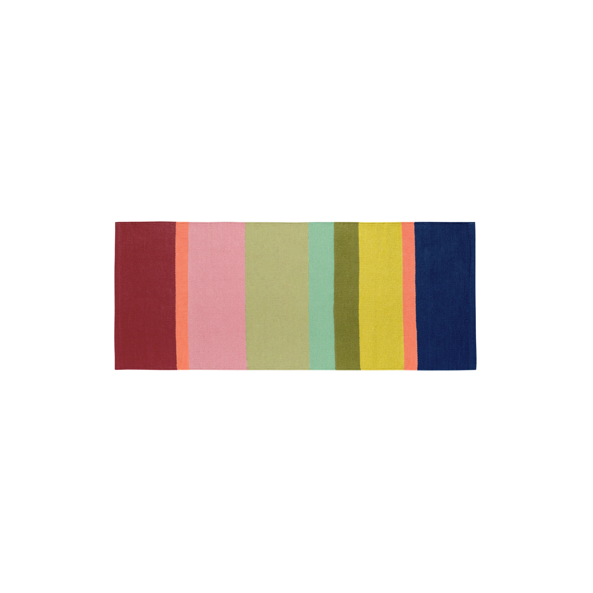 Un tapis de passage 'Riva kurz' avec des rayures colorées en rouge, orange, rose, vert et bleu sur un fond blanc.