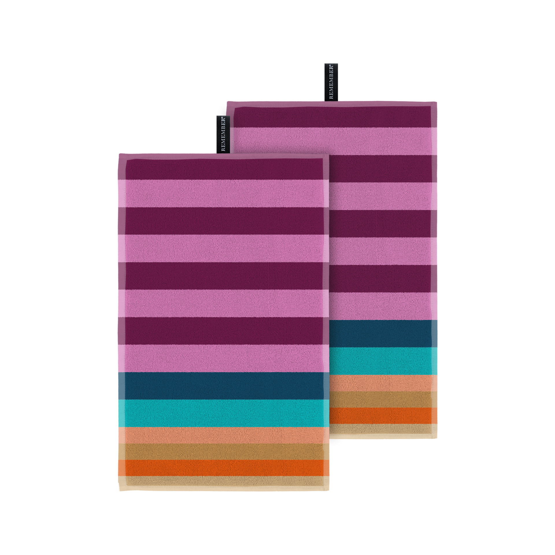 Deux serviettes d'invités pliées issues du lot de 2 Alva, superposées sur un fond blanc. Rayures horizontales colorées dans les tons violet, bleu, turquoise, pêche, marron et orange. Une étiquette noire « REMEMBER® » est visible en haut.