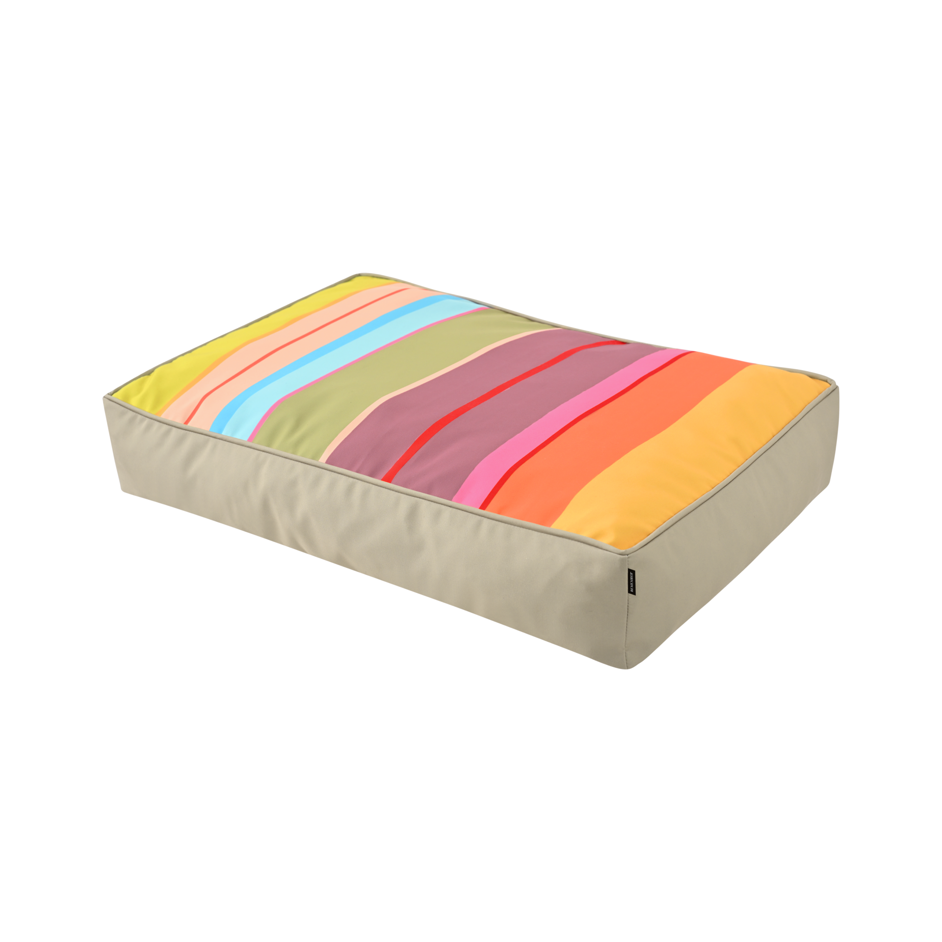 Coussin rectangulaire pour chien Theo, taille L, base robuste beige et dessus coloré accrocheur. De larges rayures horizontales jaunes, orange, rouges, roses, violettes, vertes et bleu clair offrent un repos tranquille.
