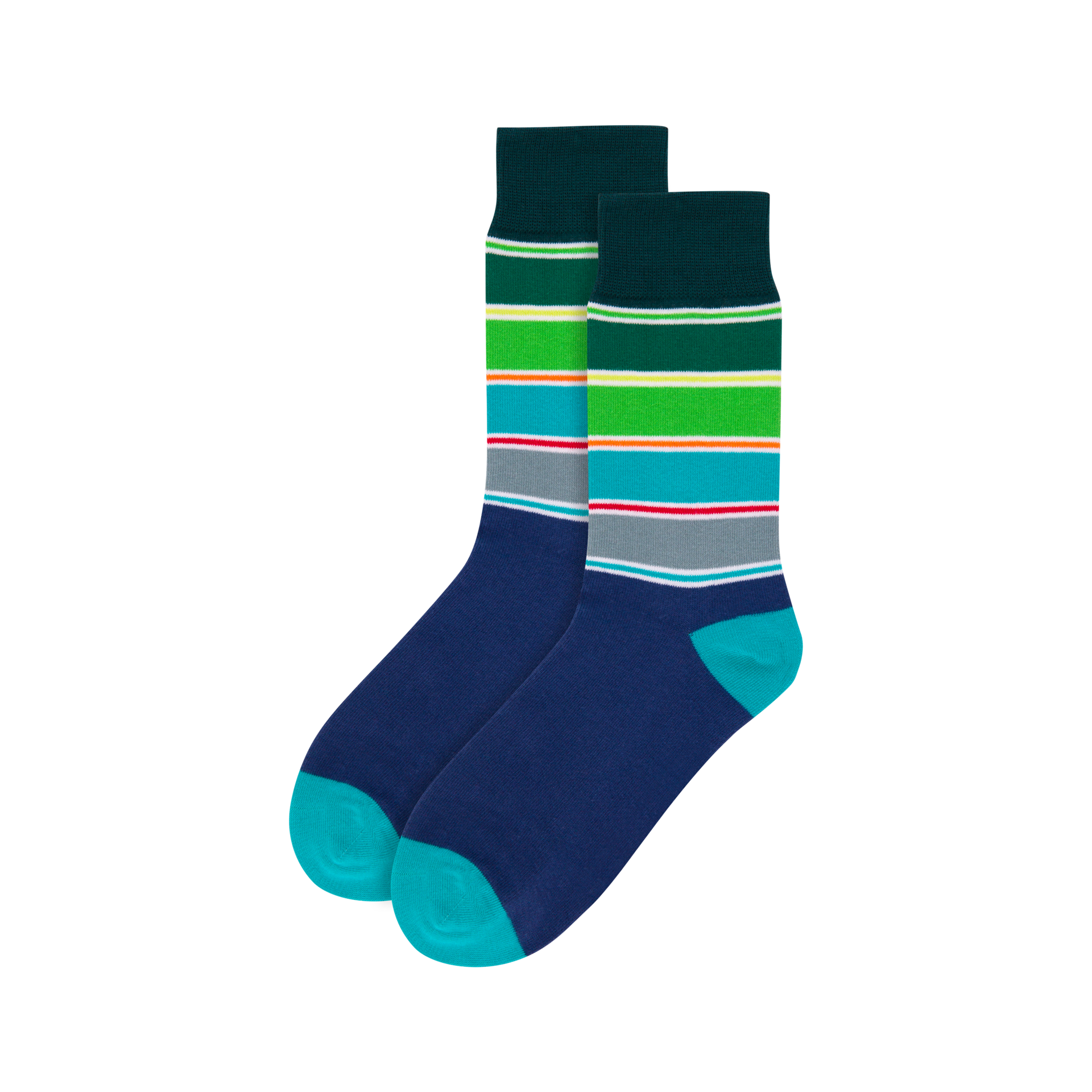 Zwei Socken der Größe 41-46 mit blauem Fußteil und türkisem Zehenbereich. Das Bündchen ist dunkelgrün mit farbigen Streifen in grün, gelb, rot und grau.