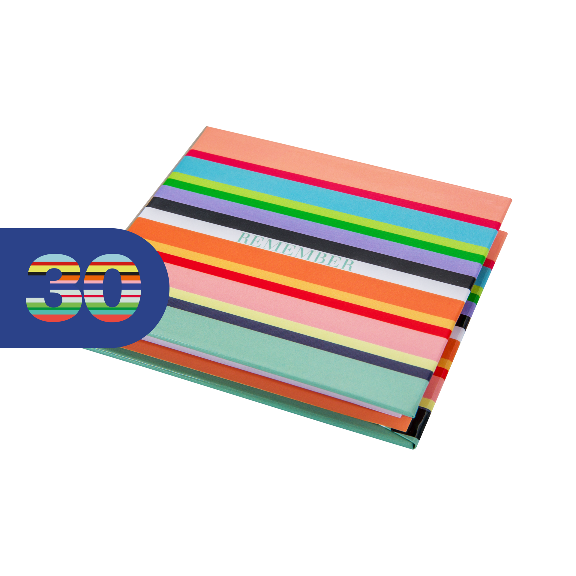 Bloc-notes Memolino Stripes avec couvercle, rayures horizontales dans les tons corail, rouge, turquoise, vert clair, violet, noir, orange et jaune. Inscription «REMEMBER » en vert clair. Marquage bleu avec « 30 ». 200 post-it. Légèrement ouvert.