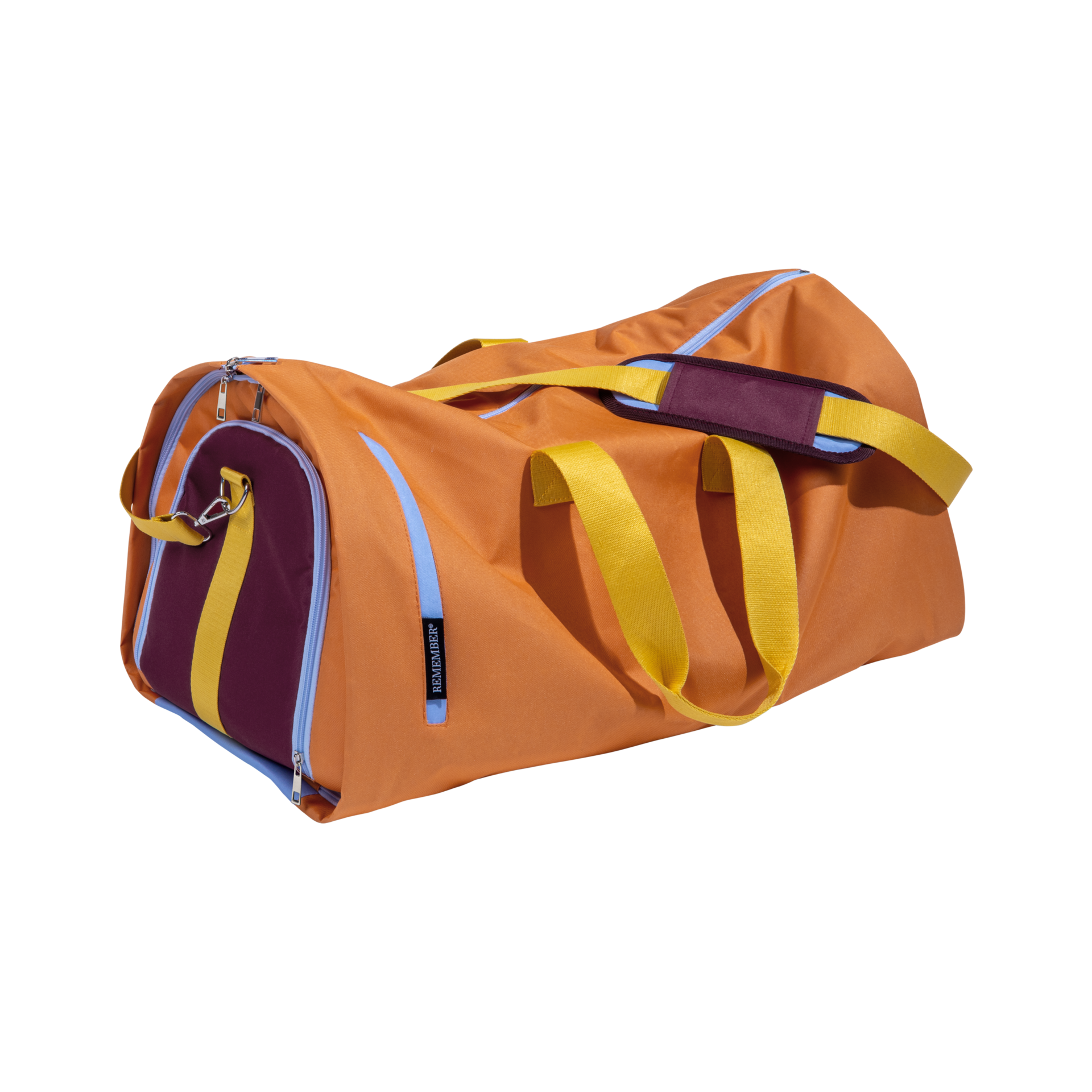 Sac de voyage Lennard Pumpkin de couleur orange, doté de poignées jaunes et d'une bandoulière rembourrée bordeaux. Des détails de fermeture éclair bleu clair et des extrémités bordeaux soulignent le design. En matière hydrofuge.