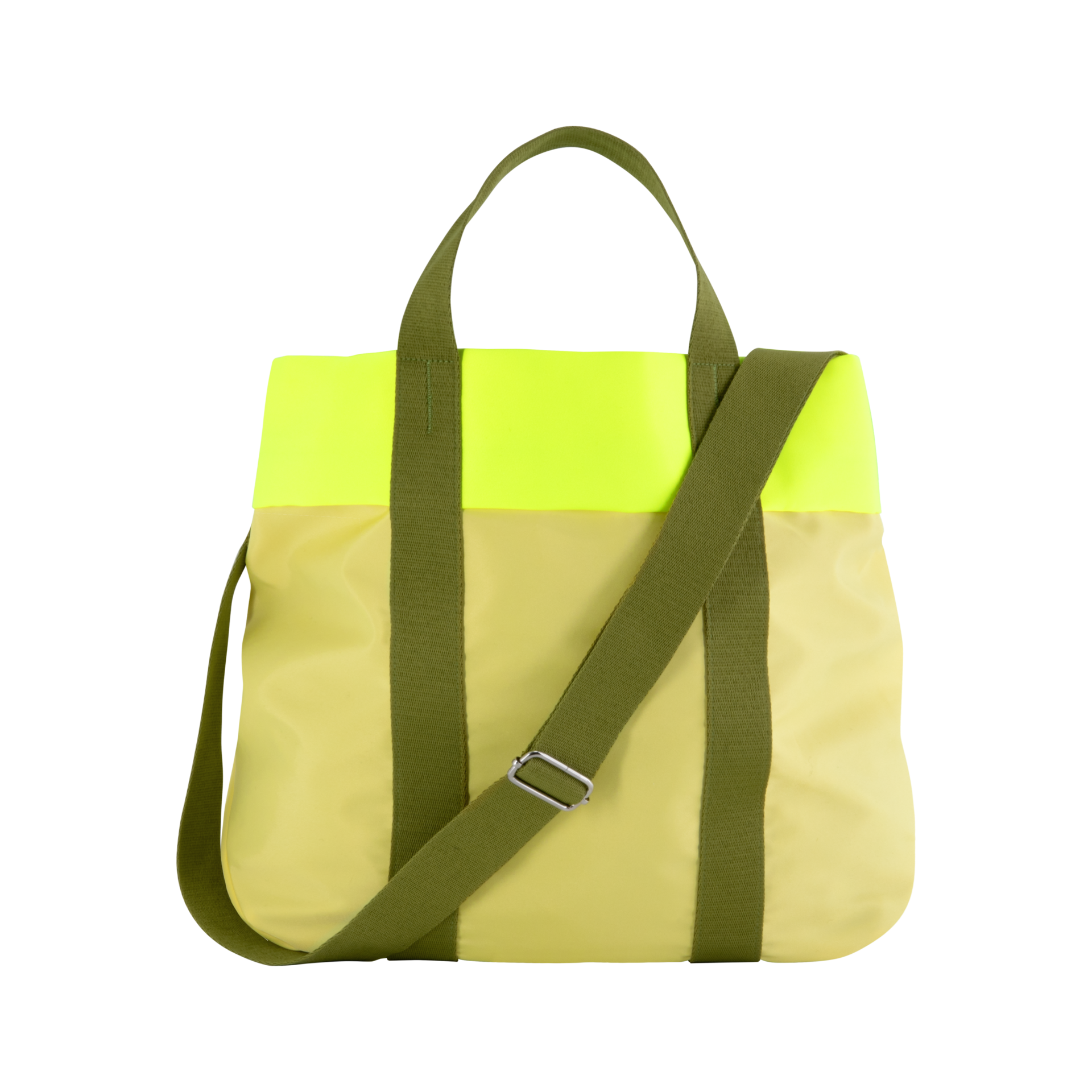 Sac cabas de couleur citron vert avec bretelles et bandoulière vert olive sur fond blanc.