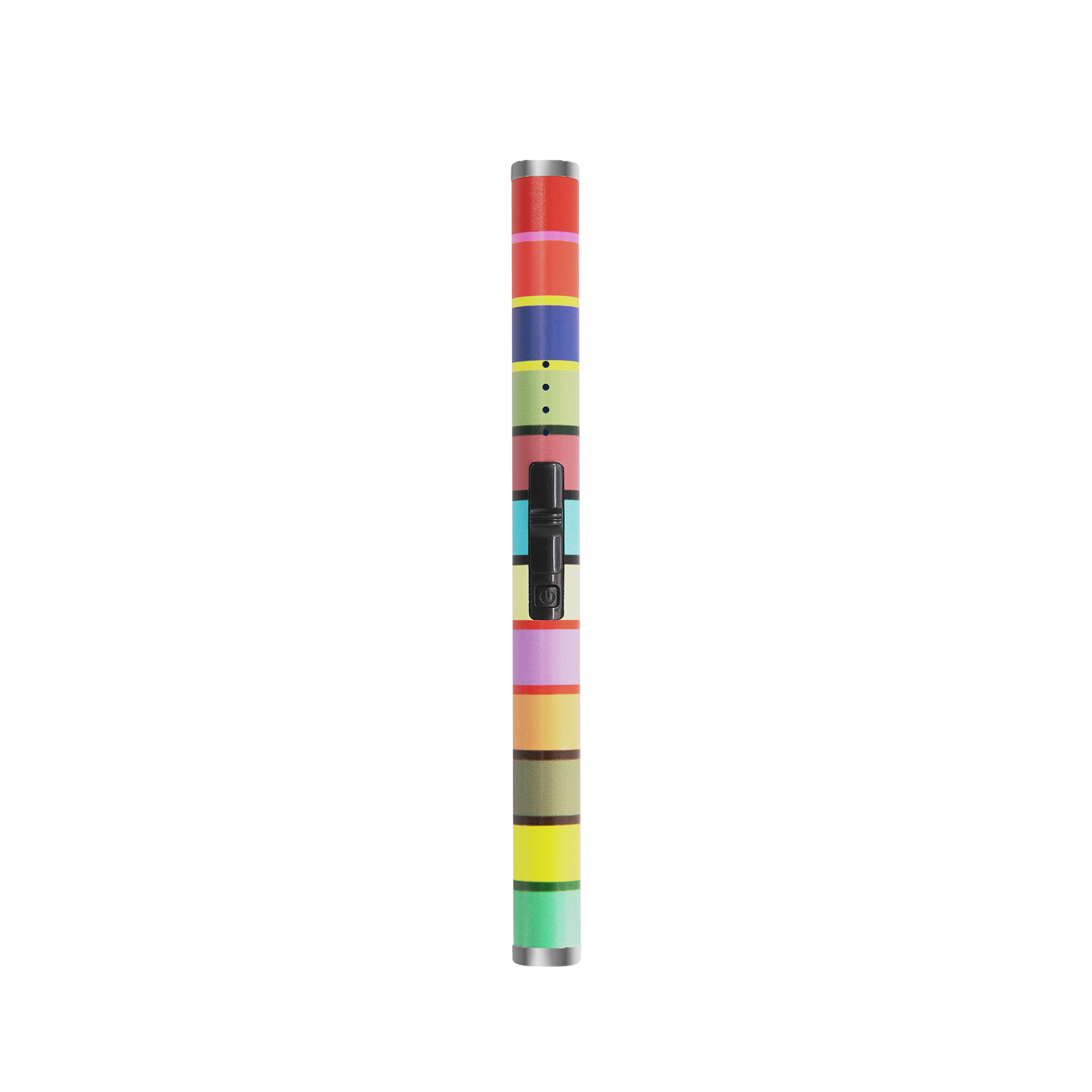 Accendino elettrico a bastoncino dal design " REMEMBER", raffigurato in verticale su sfondo bianco. Motivo a strisce colorate con bande orizzontali nei colori rosso, blu, verde, giallo, arancione e viola, con cursore nero.