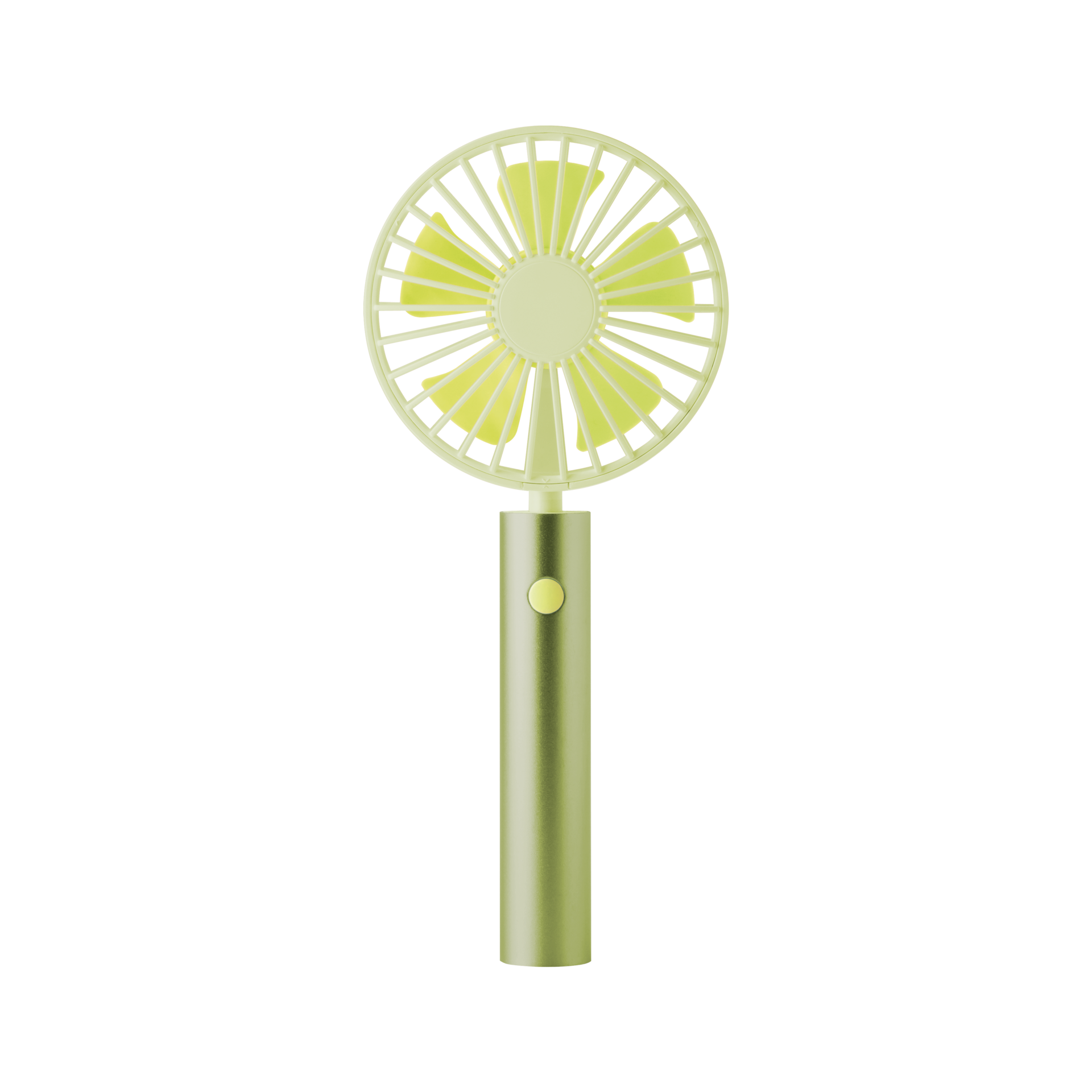 Un ventilatore portatile verde si trova in posizione verticale. Il ventilatore ha pale gialle e una testa rotonda. L'impugnatura è cilindrica e ha un pulsante.