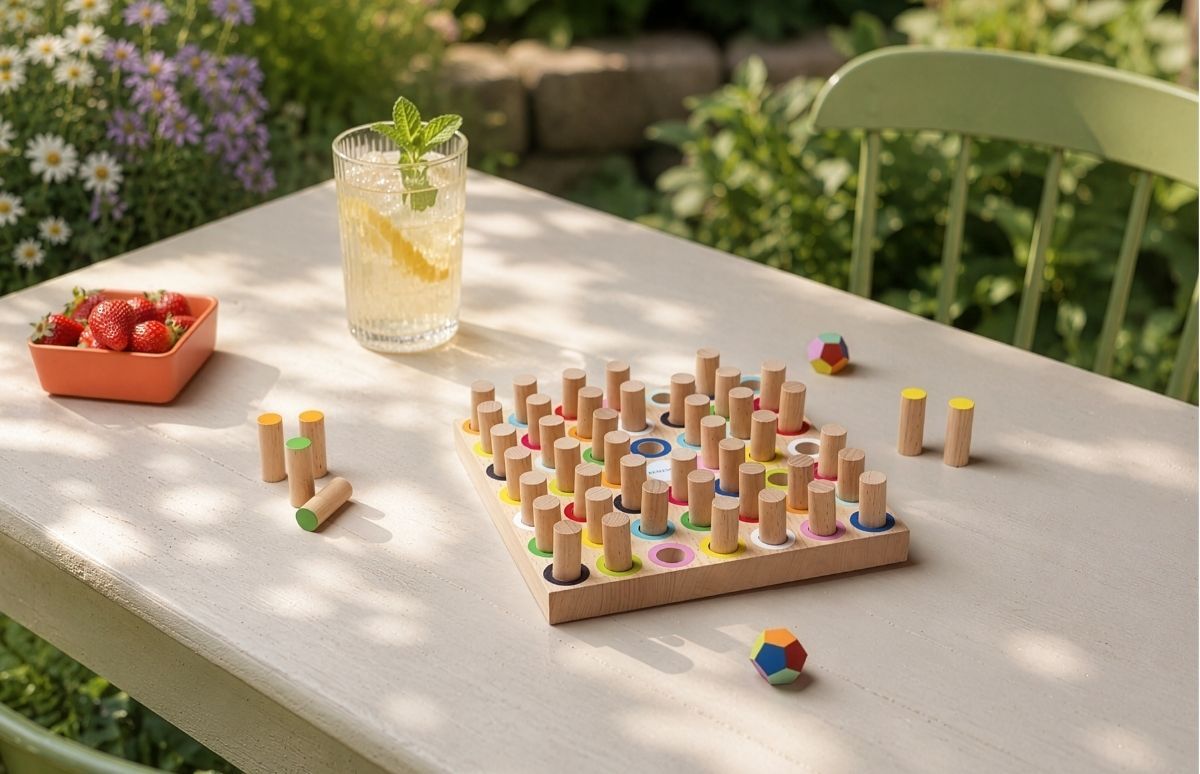 Ein Holzbrettspiel mit vielen Holzstiften in farbigen Löchern liegt auf einem hellen Gartentisch. Daneben stehen eine orange Schale mit frischen Erdbeeren und ein Glas Zitronenlimonade mit Minze. Im Hintergrund blühen Pflanzen.
