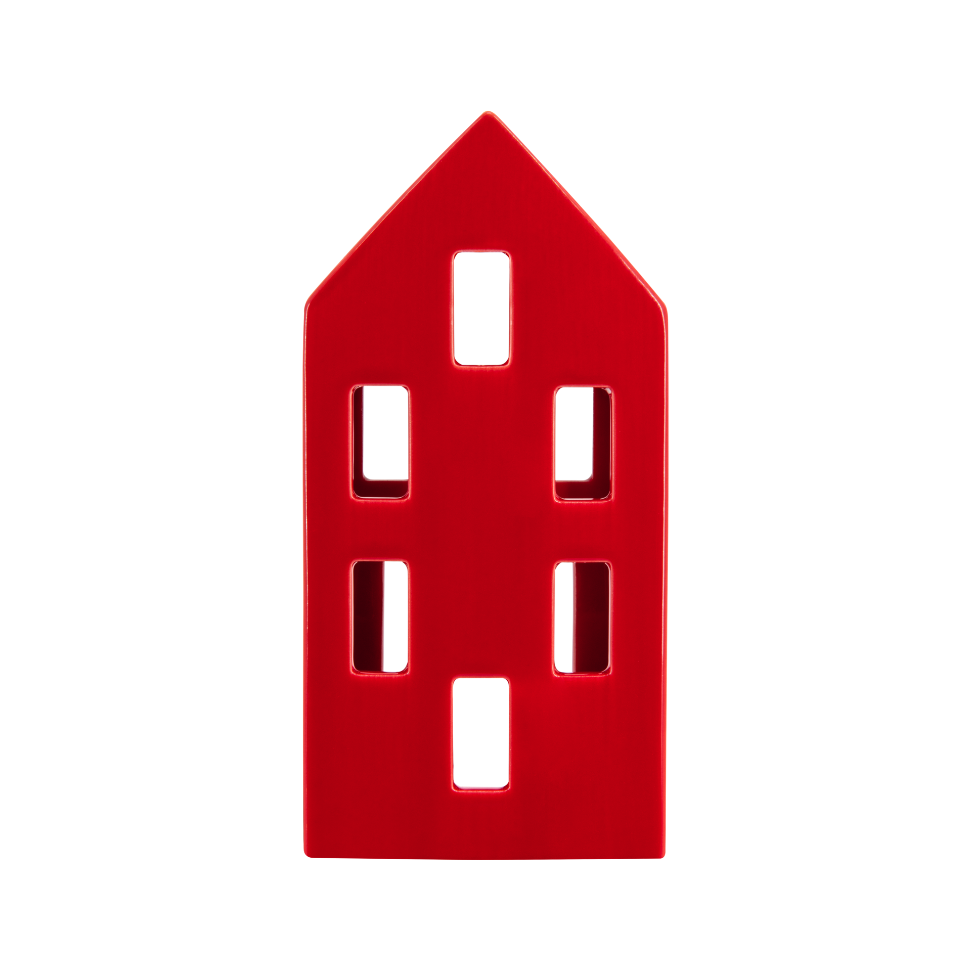 Rotes Teelichthaus 'Nyhavn' aus Dolomit mit sechs rechteckigen Fensteröffnungen, freigestellt auf weißem Hintergrund.