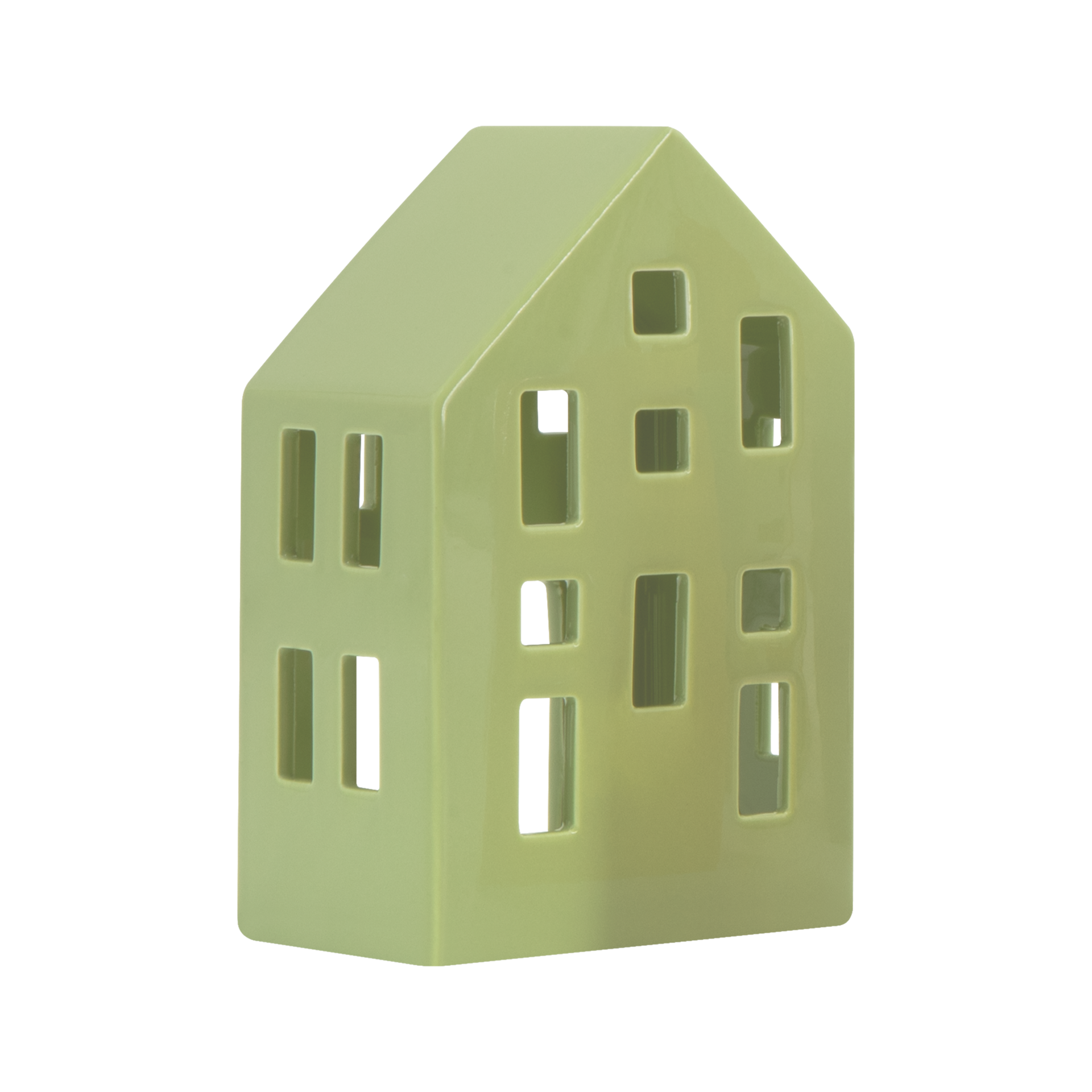 Ein hellgrünes Teelichthaus im Hausformat mit rechteckigen Fensteröffnungen.