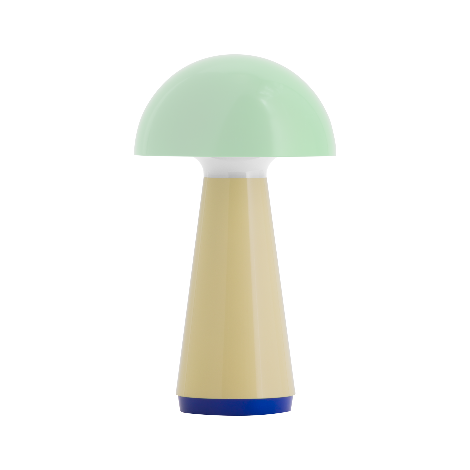 Die Tischleuchte 'Bob' in Mint hat einen pilzförmigen Lampenschirm. Der Fuß ist beige mit einem blauen Sockel.