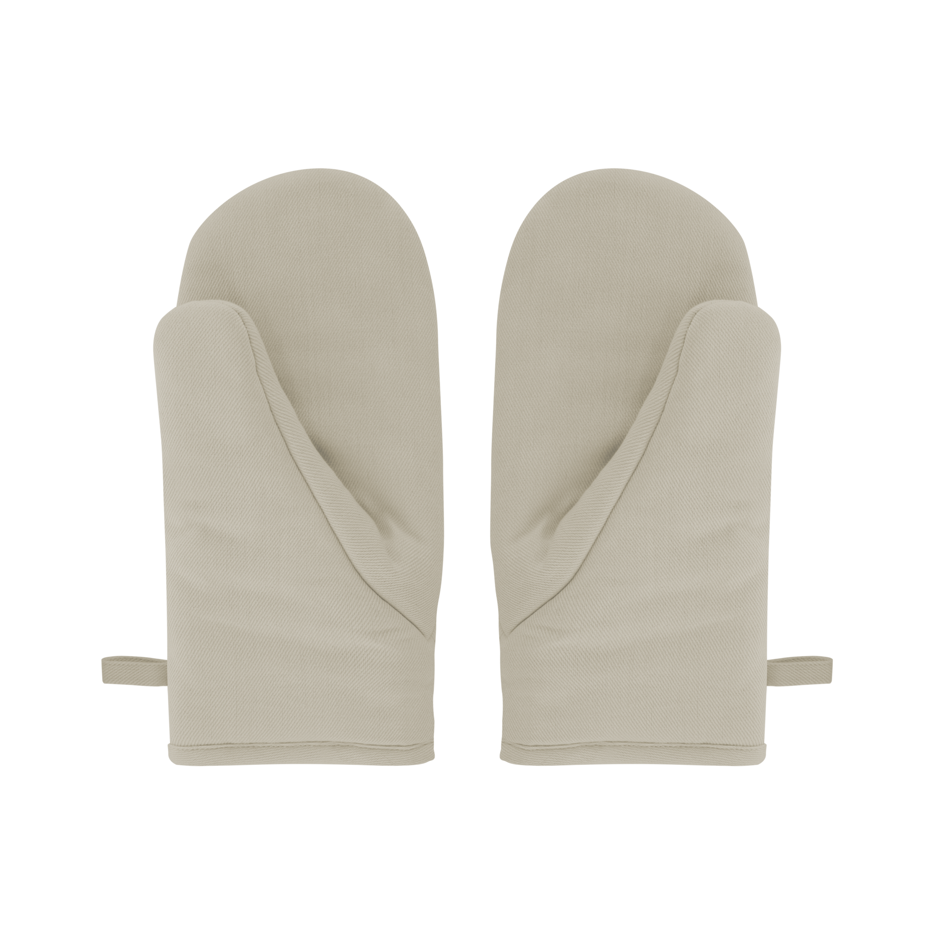 Zwei hellbeige Ofenhandschuhe, mit Aufhängelaschen, liegen nebeneinander vor einem weißen Hintergrund.