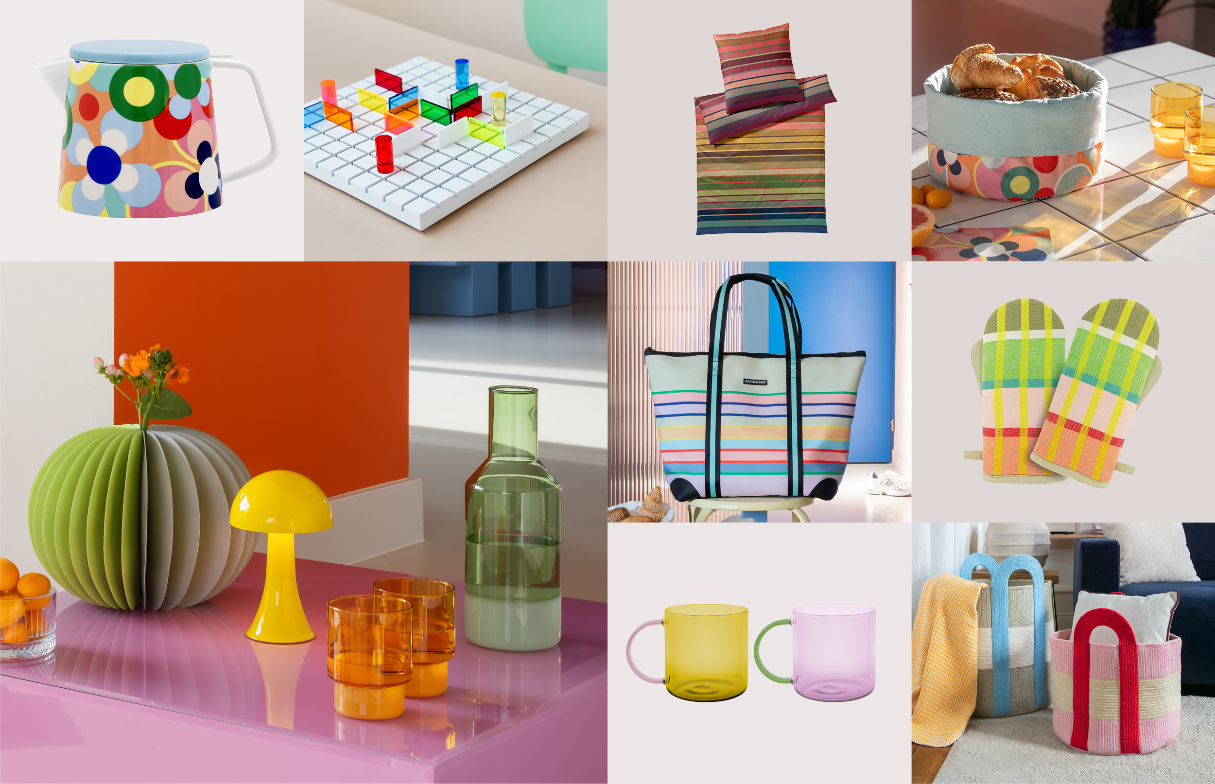 Vielfältiges, farbenfrohes Home-Accessoires-Sortiment: Teekanne, Bettwäsche, Tragetasche, Spiel, Textilien, Glaswaren und Körbe. Lebendige Farben und Muster prägen die moderne Ästhetik.
