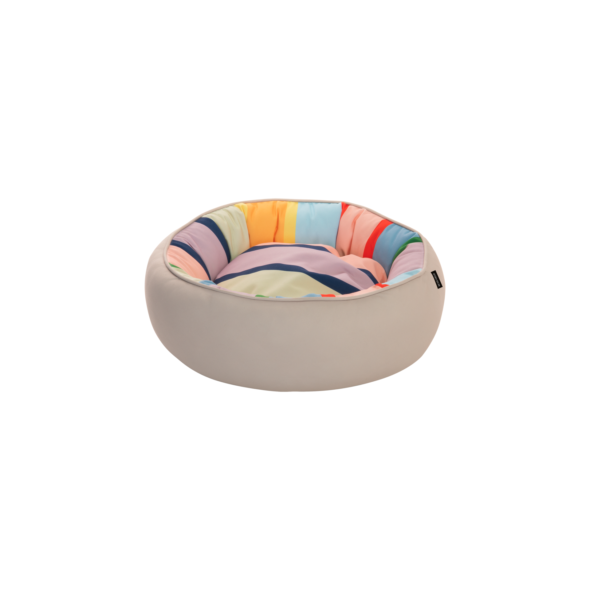 Lit rond pour chiens et chats Lotta S, taille S, avec un revêtement extérieur lisse de couleur beige. À l’intérieur, un coussin moelleux et amovible orné de rayures colorées en jaune, orange, bleu, rose et vert pour un confort optimal.
