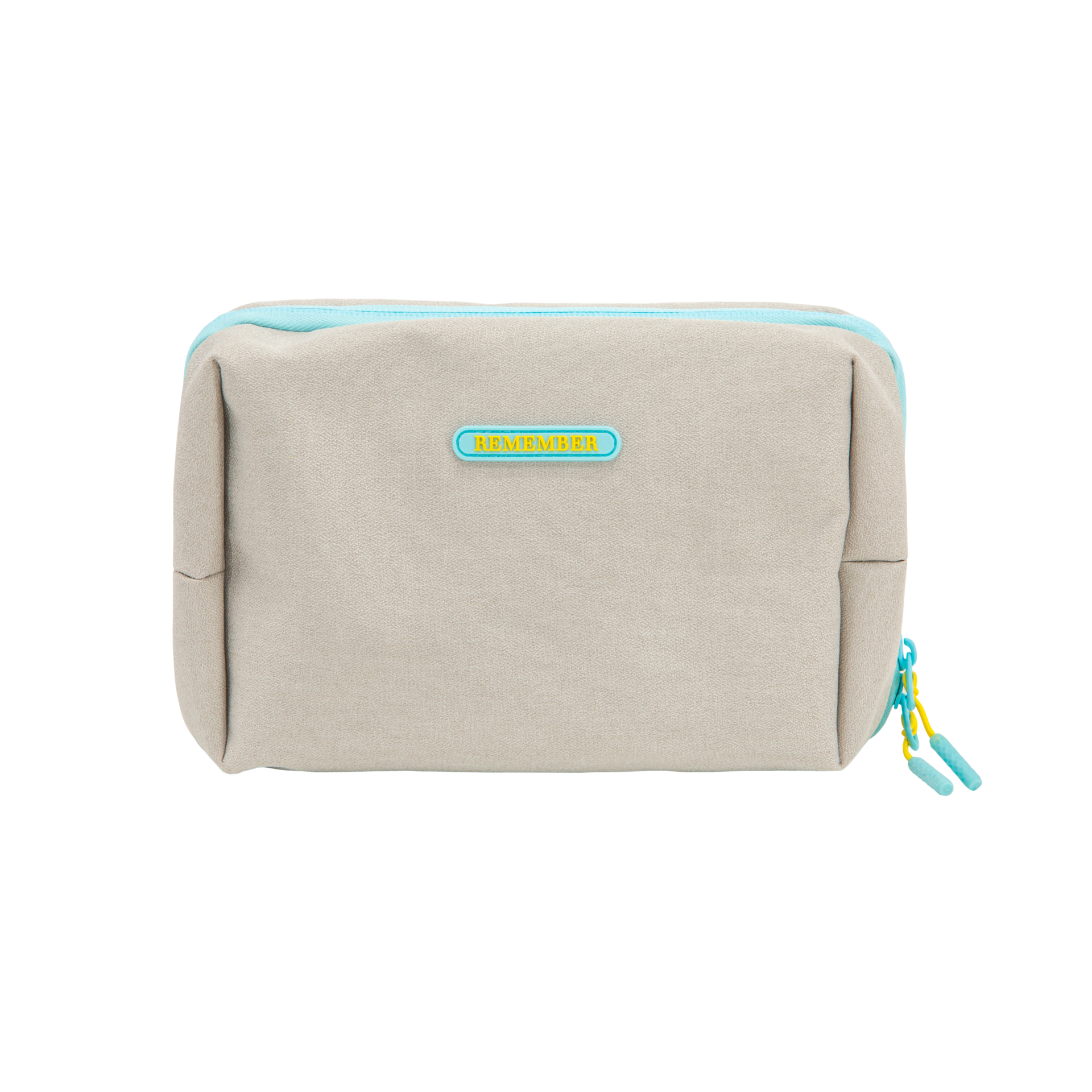 Beige Kulturtasche 'Ocean' mit hellblauem Reißverschluss und Anhänger. Ein 'REMEMBER'-Logo ist mittig auf der Tasche platziert.