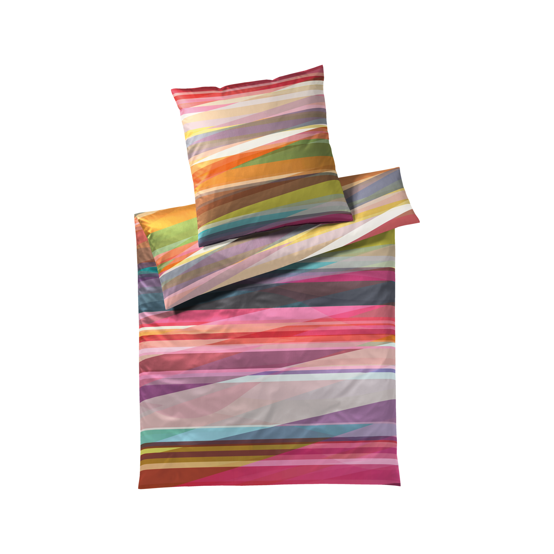Bettwäsche 'Mateo' aus Mako-Satin, Decke und Kissen liegen übereinander. Das Muster besteht aus bunten, horizontalen Streifen in verschiedenen Farben.
