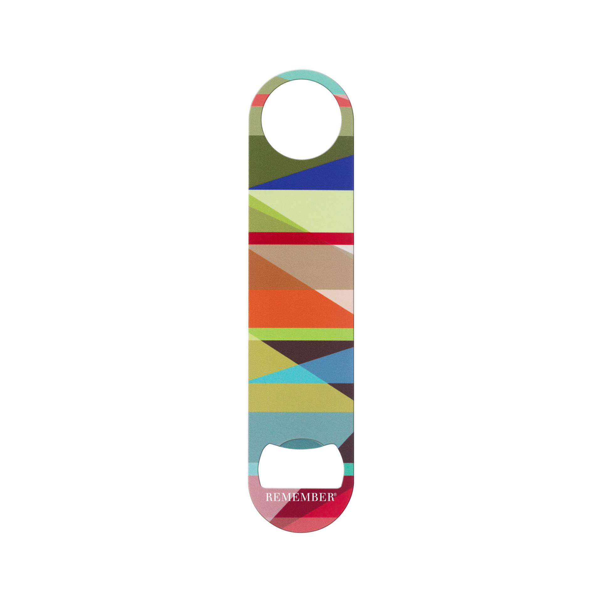 Ein 'Mateo' Flaschenöffner mit geometrischem Muster in verschiedenen Farben, freigestellt vor weißem Hintergrund. Das Design ist farbenfroh und modern.