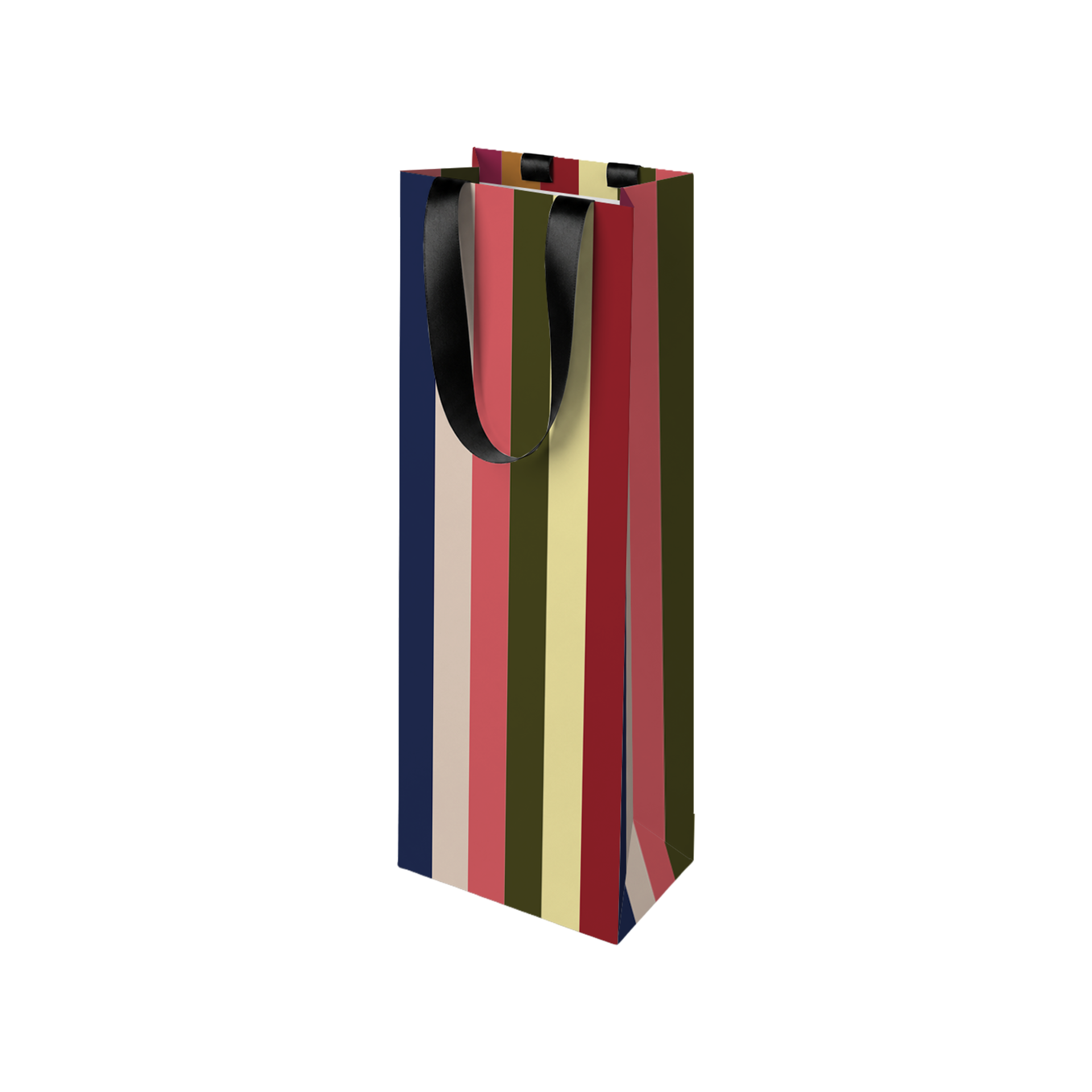 Hohe Geschenktüte mit vertikalen Streifen in dunkelblau, beige, korallenrot, olivgrün, creme und dunkelrot. Mit eleganten schwarzen Satinbandgriffen, ideal für Flaschen oder andere hohe Geschenke aus dem Set "Geschenktüten Joy".