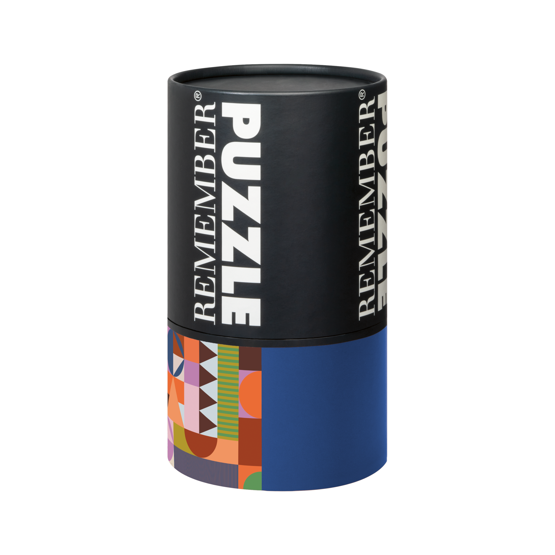 Zylindrische Verpackung des 'Patch' Puzzles, deren obere Hälfte schwarz ist mit dem Aufdruck "Remember Puzzle" und die untere Hälfte geometrische Muster und eine blaue Fläche zeigt.