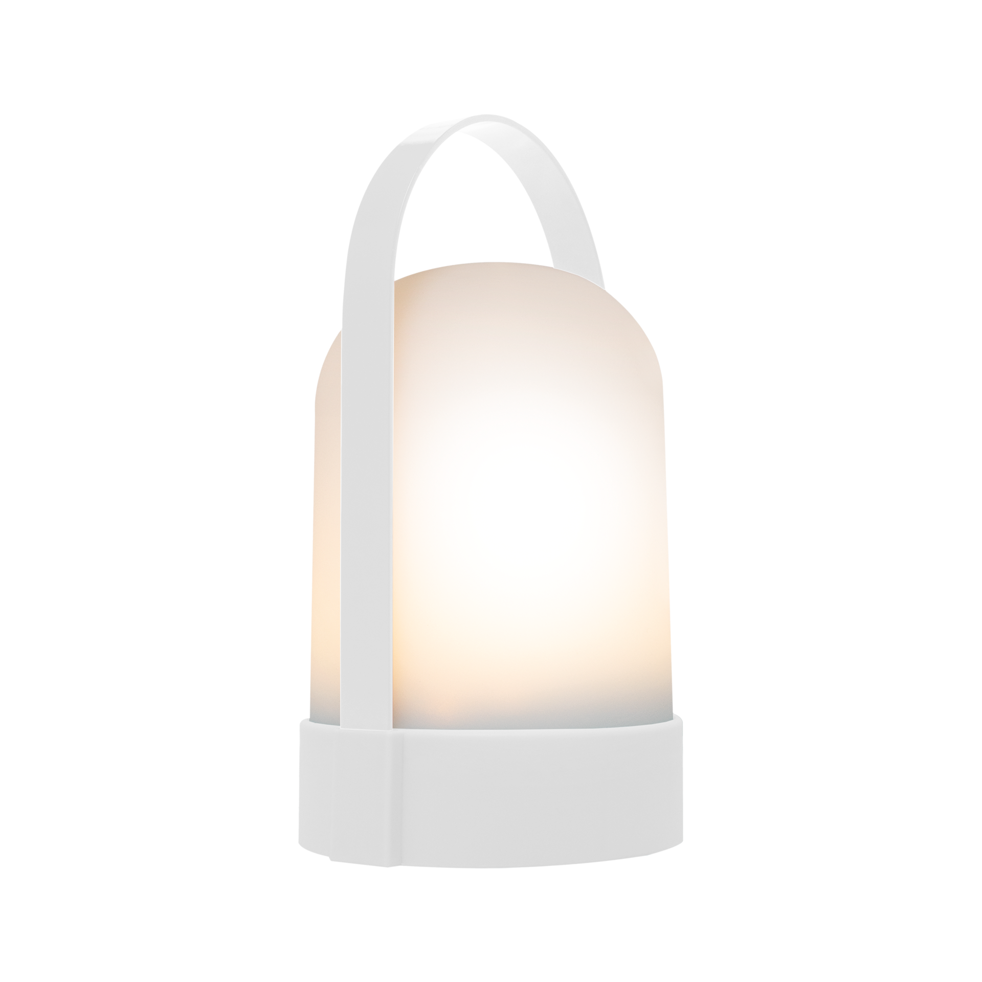 Weiße, leuchtende URI Lampe mit einem Tragebügel, die auf einer ebenen Fläche steht und warmweißes Licht ausstrahlt.