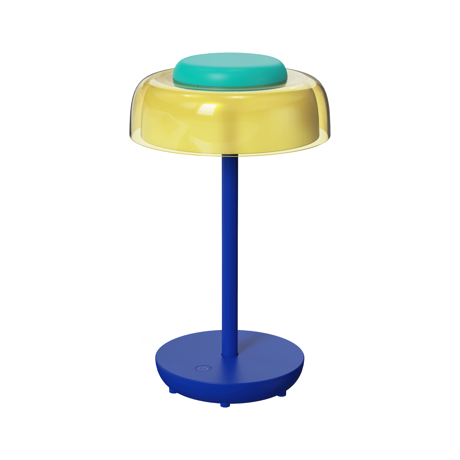 Moderna lampada da tavolo senza fili Juno con elegante base blu scuro e base rotonda. Paralume giallo trasparente con cupola trasparente. La superficie touch piatta color turchese e il simbolo di accensione/spegnimento indicano un funzionamento intuitivo.