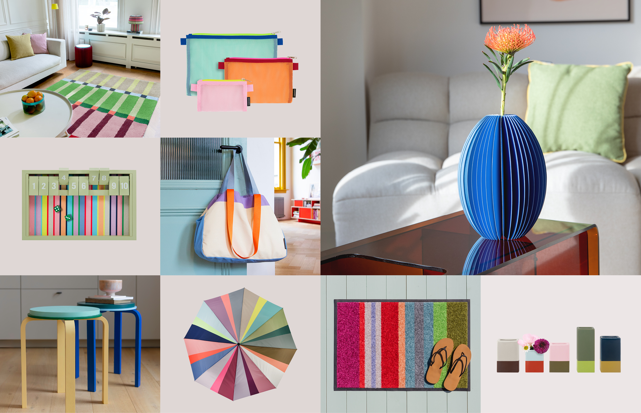 Collage mit Home-Accessoires und Möbeln in fröhlichen Farben. Teppiche, Taschen, Hocker, eine Vase mit Blume und andere Deko-Artikel sind abgebildet.