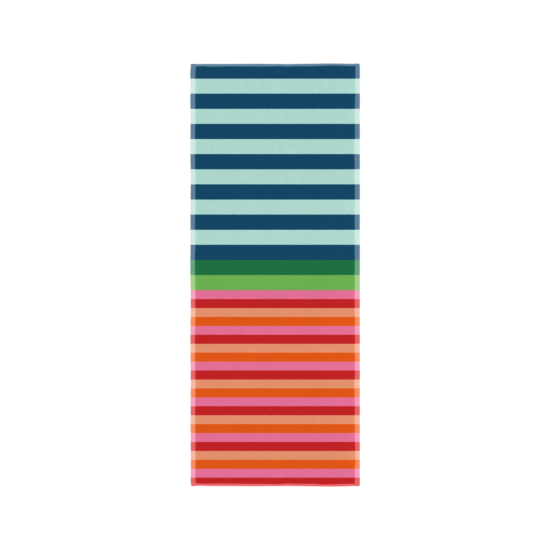 Serviette de bain Milo pliée verticalement, à larges rayures horizontales. En haut, bleu clair et foncé ; au milieu, vert clair et foncé. En bas, rayures vives rose, orange et rouge. Coton doux.