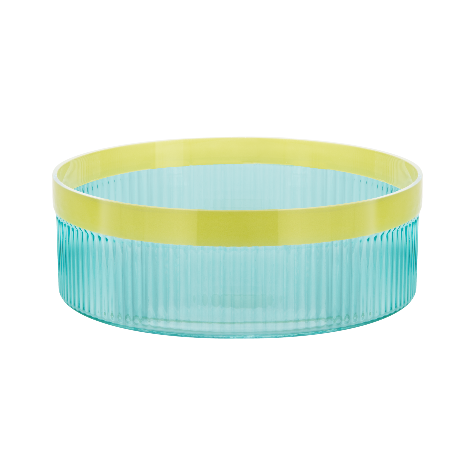Eine blaue Glasschale mit geriffelter Textur und gelbem Rand, freigestellt vor einem weißen Hintergrund.