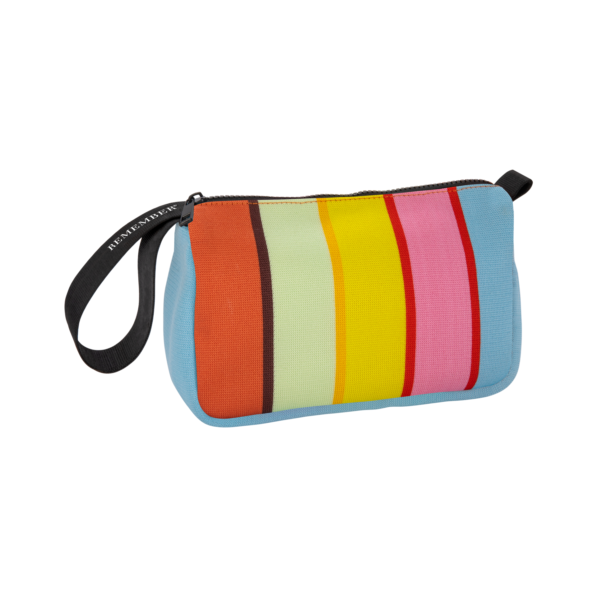 Trousse de maquillage rectangulaire Levante au motif rayé joyeux. Rayures verticales orange, vert clair, jaune et rose, rehaussées de fines lignes rouges et marron. Côtés et fond bleu clair. Fermeture à glissière noire et poignée de transport.
