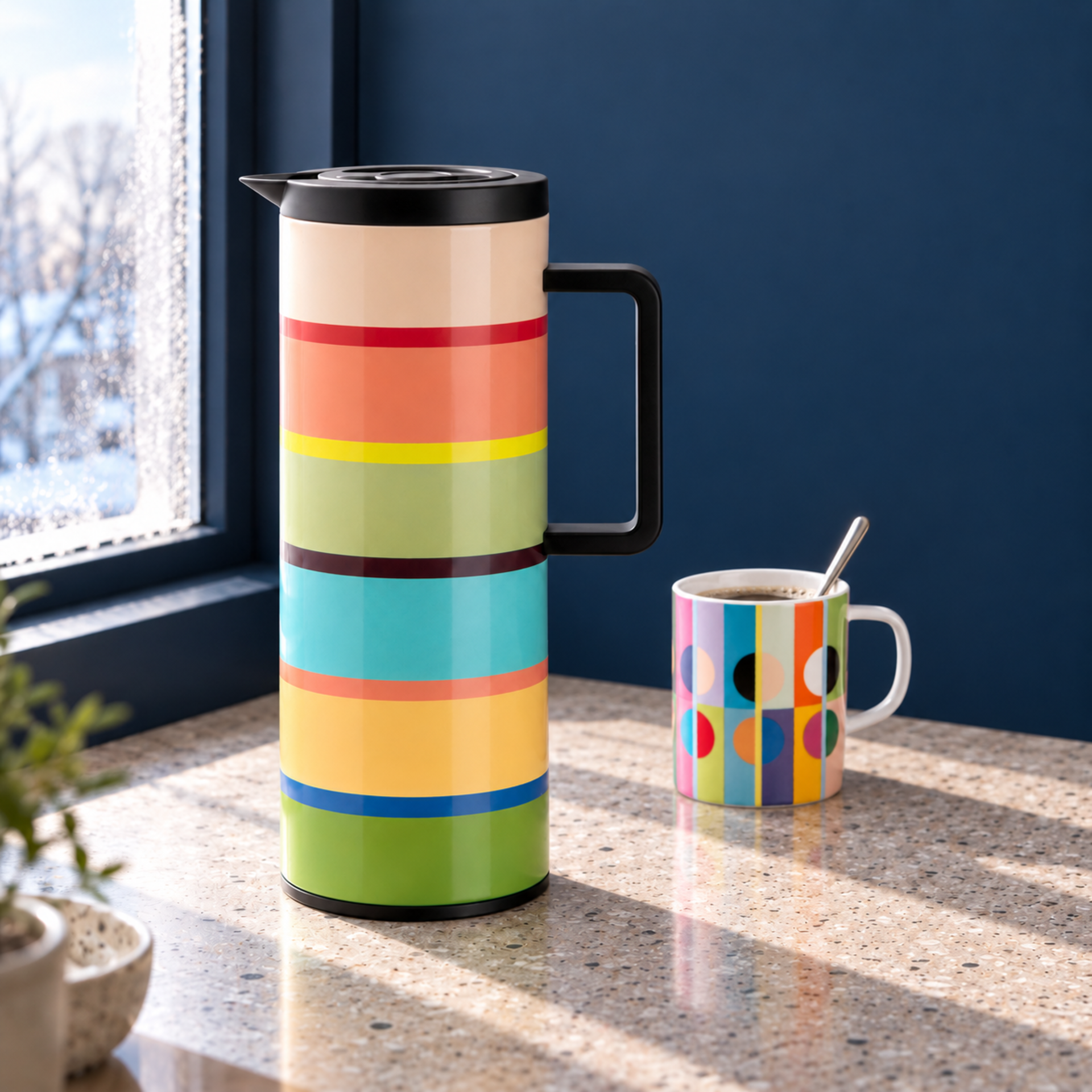Caraffa termica colorata con motivo a strisce orizzontali dai toni pastello (beige, rosso, arancione, giallo, verde chiaro, marrone scuro, turchese, azzurro, verde). Coperchio nero con beccuccio e robusto manico nero. Su sfondo bianco.