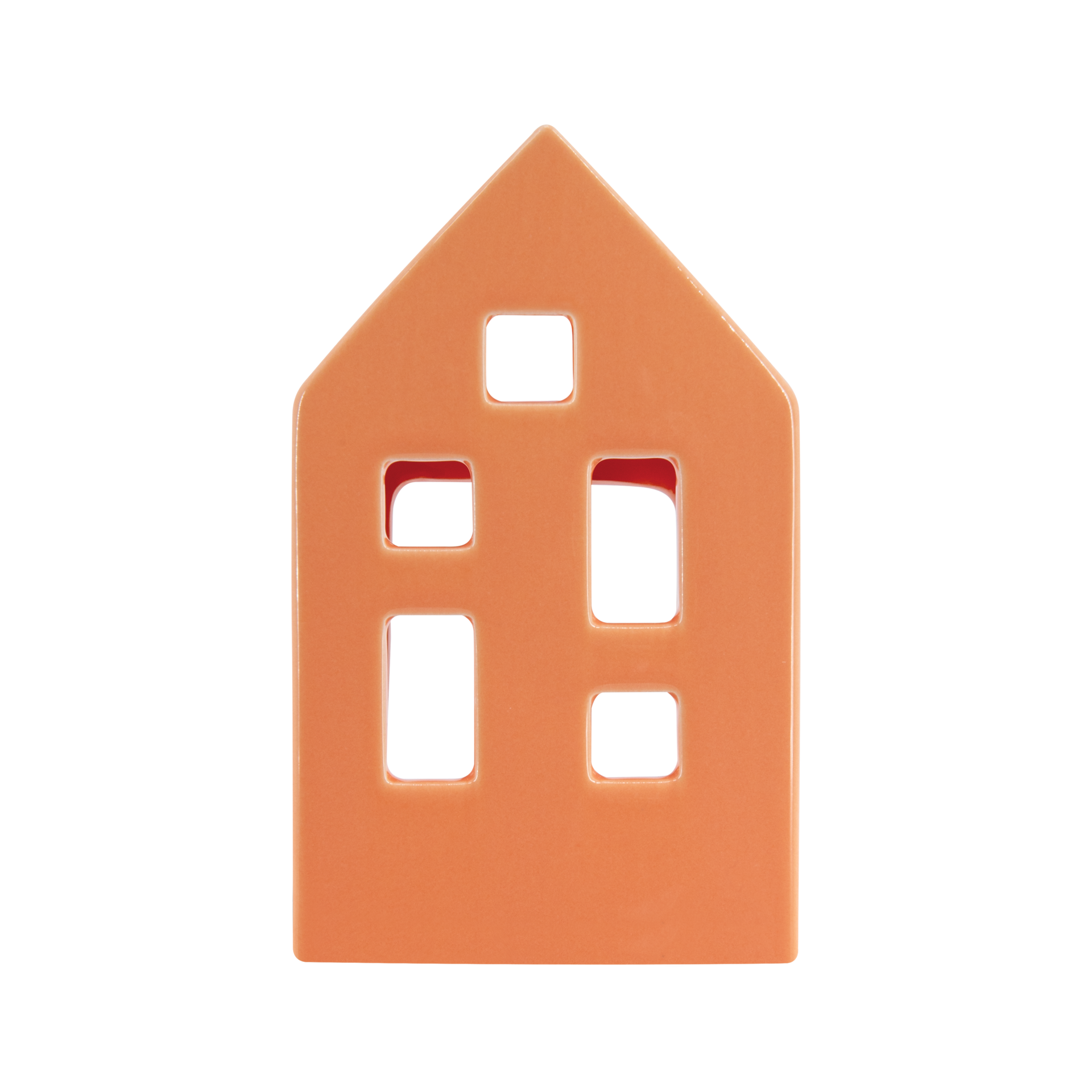 Ein peachfarbenes, keramisches Teelichthaus im Design eines Giebelhauses mit mehreren Fensteröffnungen.