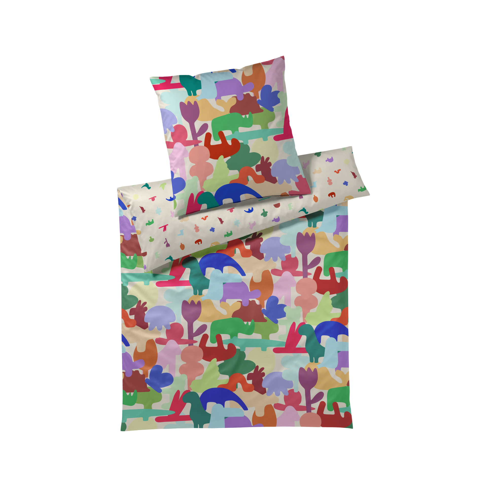 Kinderbettwäsche Animals mit Kissen und Decke, die mit bunten Tierformen und Blumen auf hellem Hintergrund bedruckt sind.
