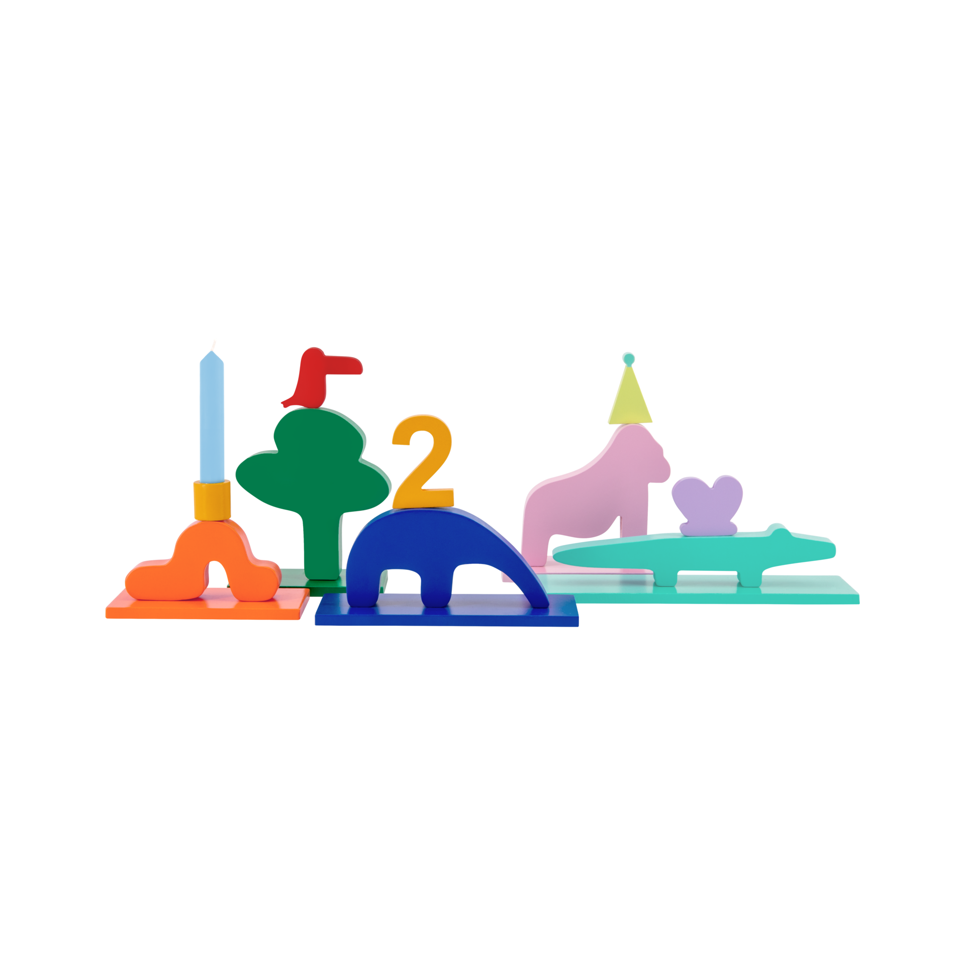 Ein farbenfroher Geburtstagszug mit Tieren, Baum, Kerze und der Zahl Zwei. Die Tierfiguren sind ein Elefant, Krokodil und ein Gorilla mit Partyhut.