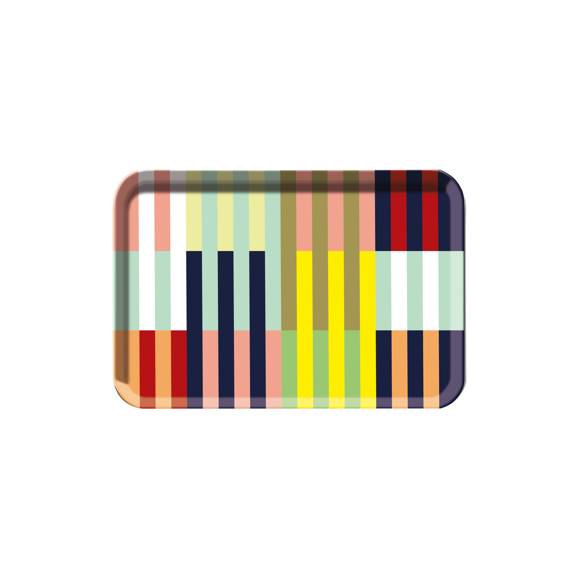 Rechteckiges Mini-Tablett 'Havanna' mit abgerundeten Ecken. Buntes Streifenmuster in Gelb, Rot, Grün, Blau und weiteren Farben.