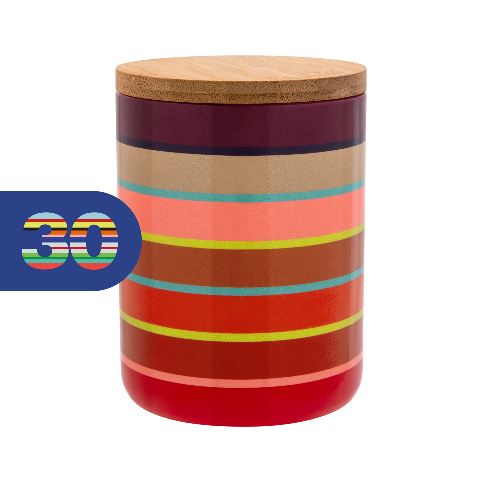 Boîte en céramique « REMEMBER 30 » ornée de rayures colorées en rouge, orange, marron, beige et turquoise, avec un couvercle en bambou clair. Récipient en grès à fermeture hermétique pour une cuisine bien rangée, idéal pour les pâtes, le café, etc.