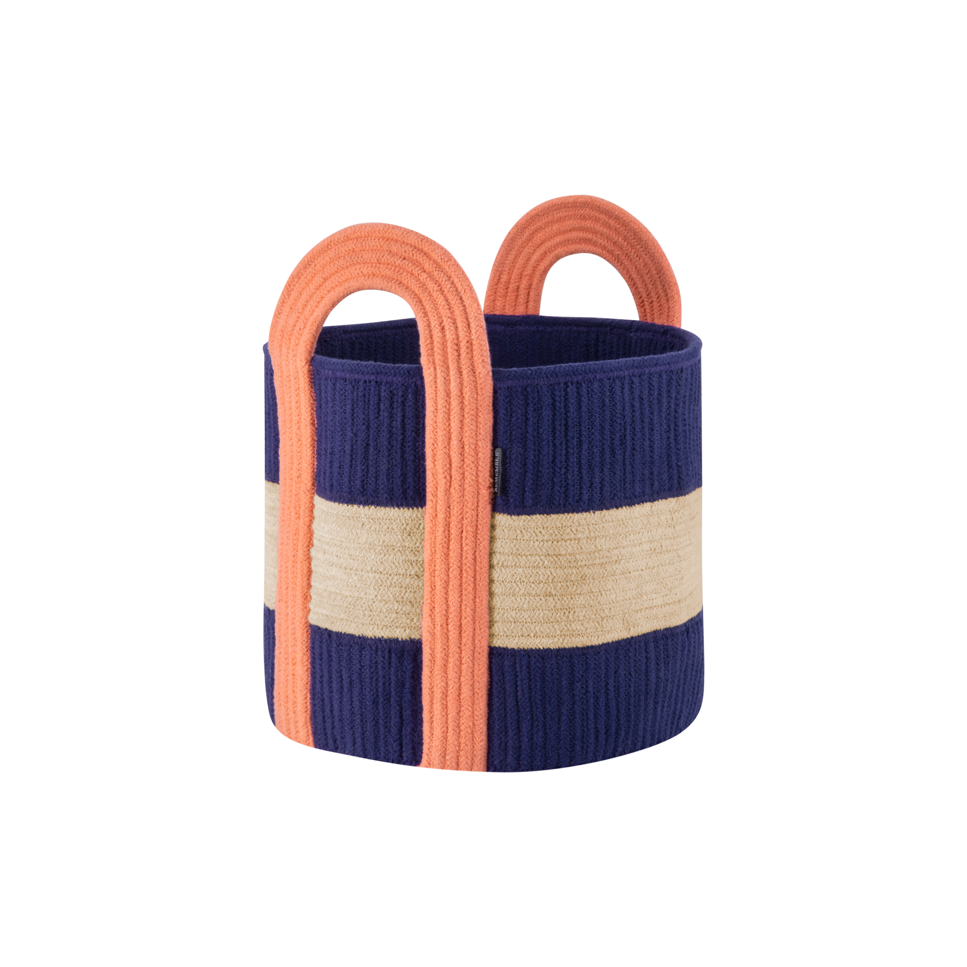 Ein kleiner, zylinderförmiger Korb in Blau und Beige mit orangefarbenen Tragegriffen.