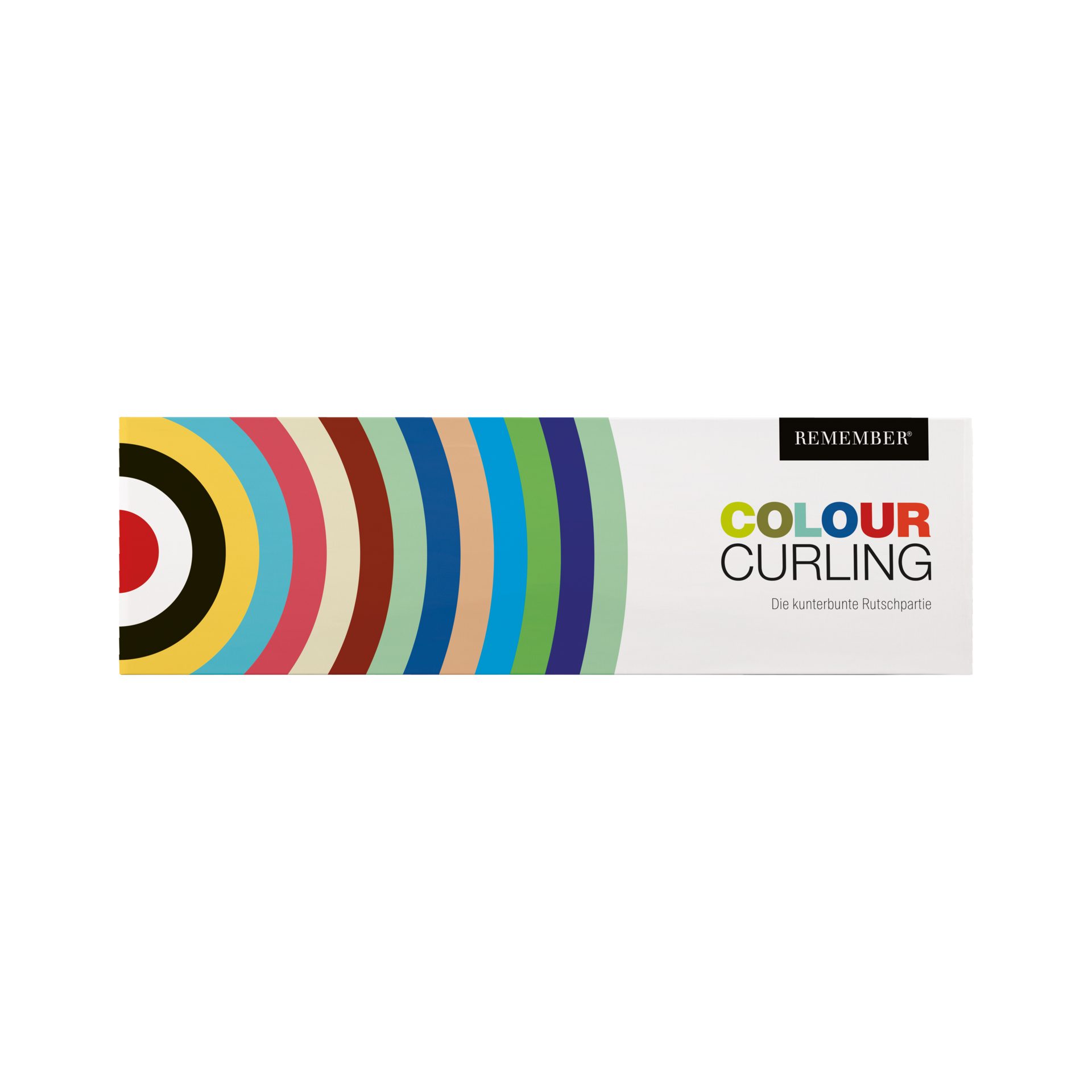Die Verpackung von Colour Curling zeigt bunte, gebogene Streifen und den Produktnamen in lebhaften Farben.