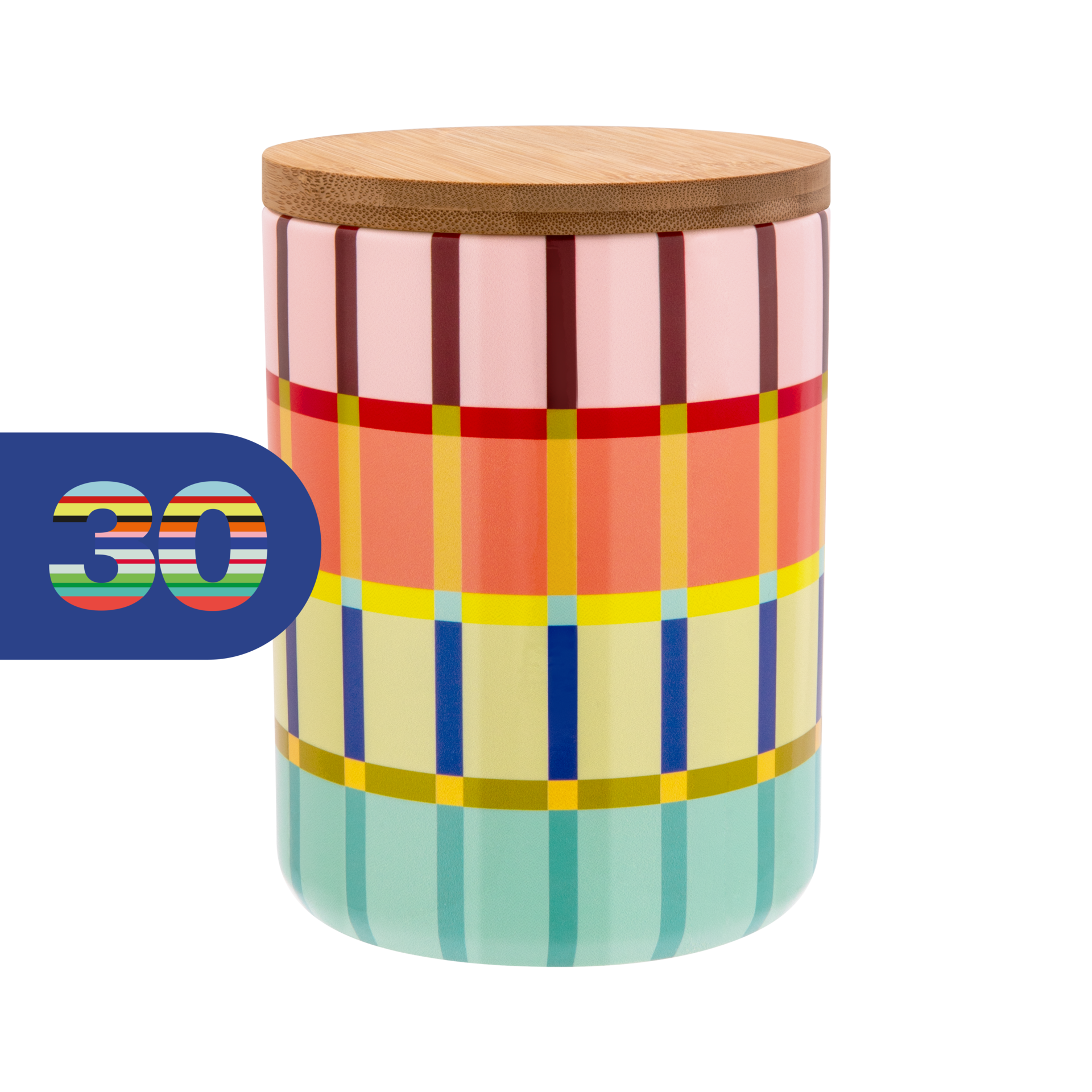 Boîte en céramique cylindrique Kaido avec couvercle en bambou marron clair. Ornée d'un motif à carreaux colorés, rayé horizontalement et verticalement, dans les tons rose, rouge, orange, jaune, vert et bleu.