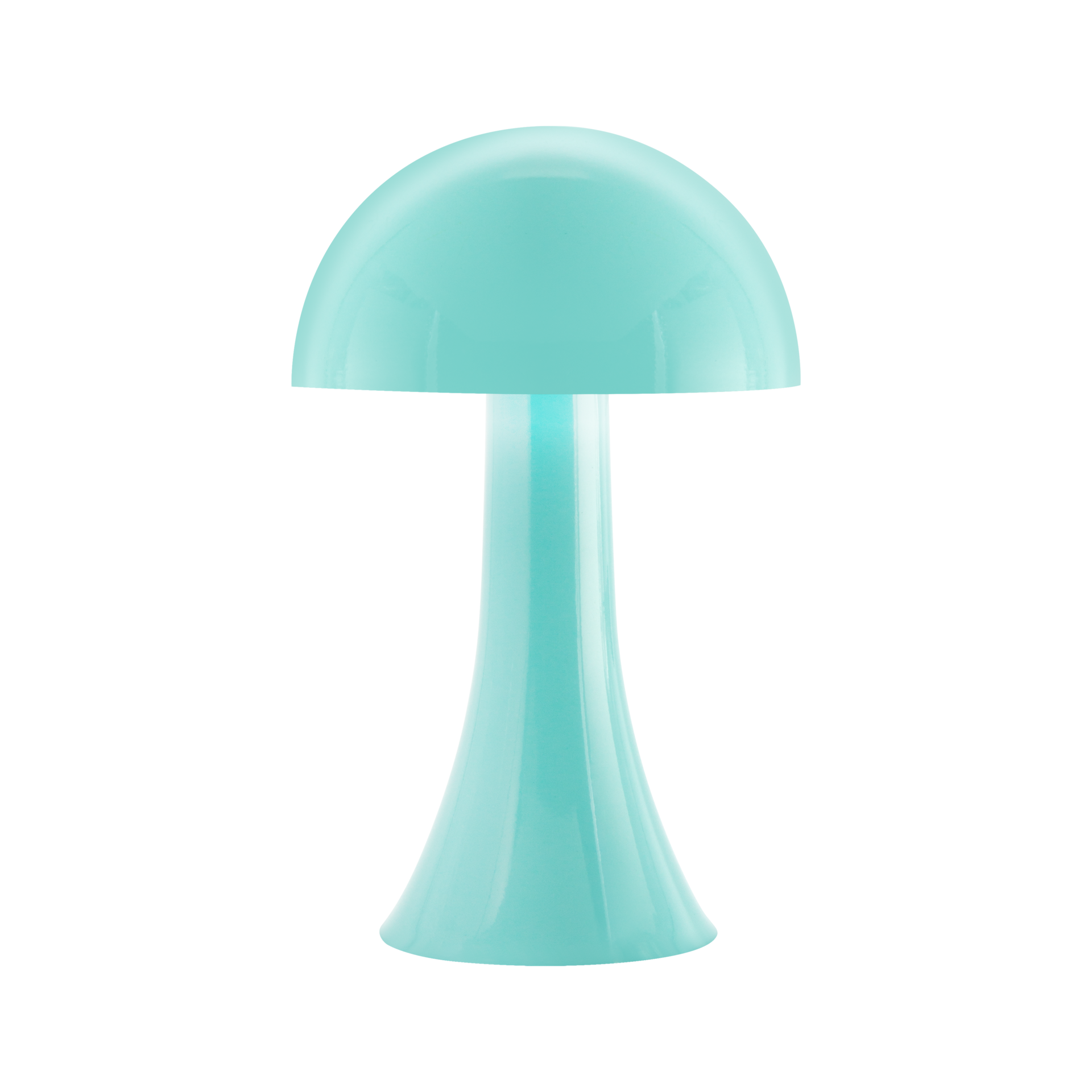 Türkis-blaue Mini-Leuchte Filou mit glänzendem, kuppelförmigem Schirm und schlankem Fuß auf weißem Grund.