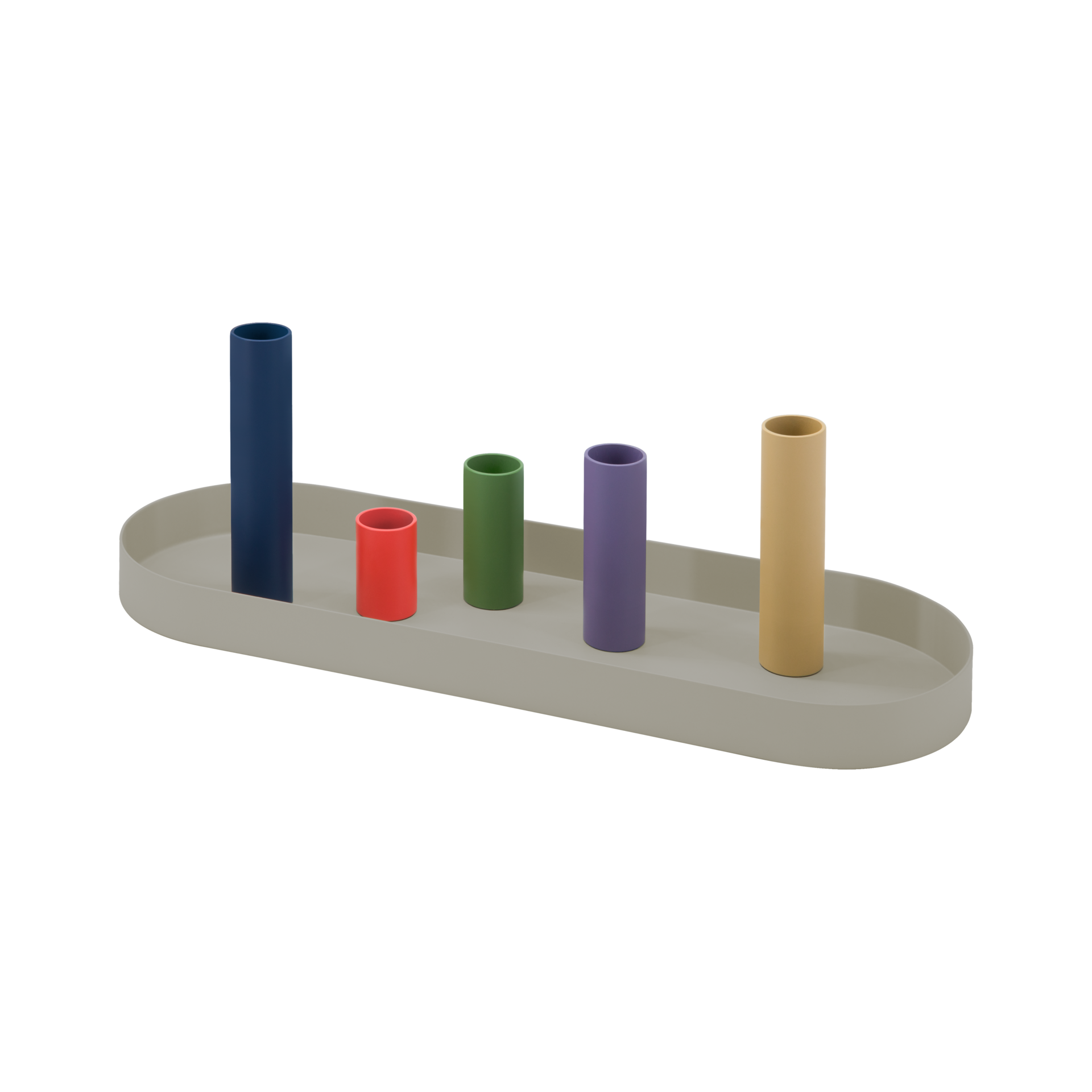Ovales Tablett mit fünf verschieden hohen, farbigen Kerzenhaltern in Blau, Rot, Grün, Lila und Gelb. Magnetischer Kerzenhalter.