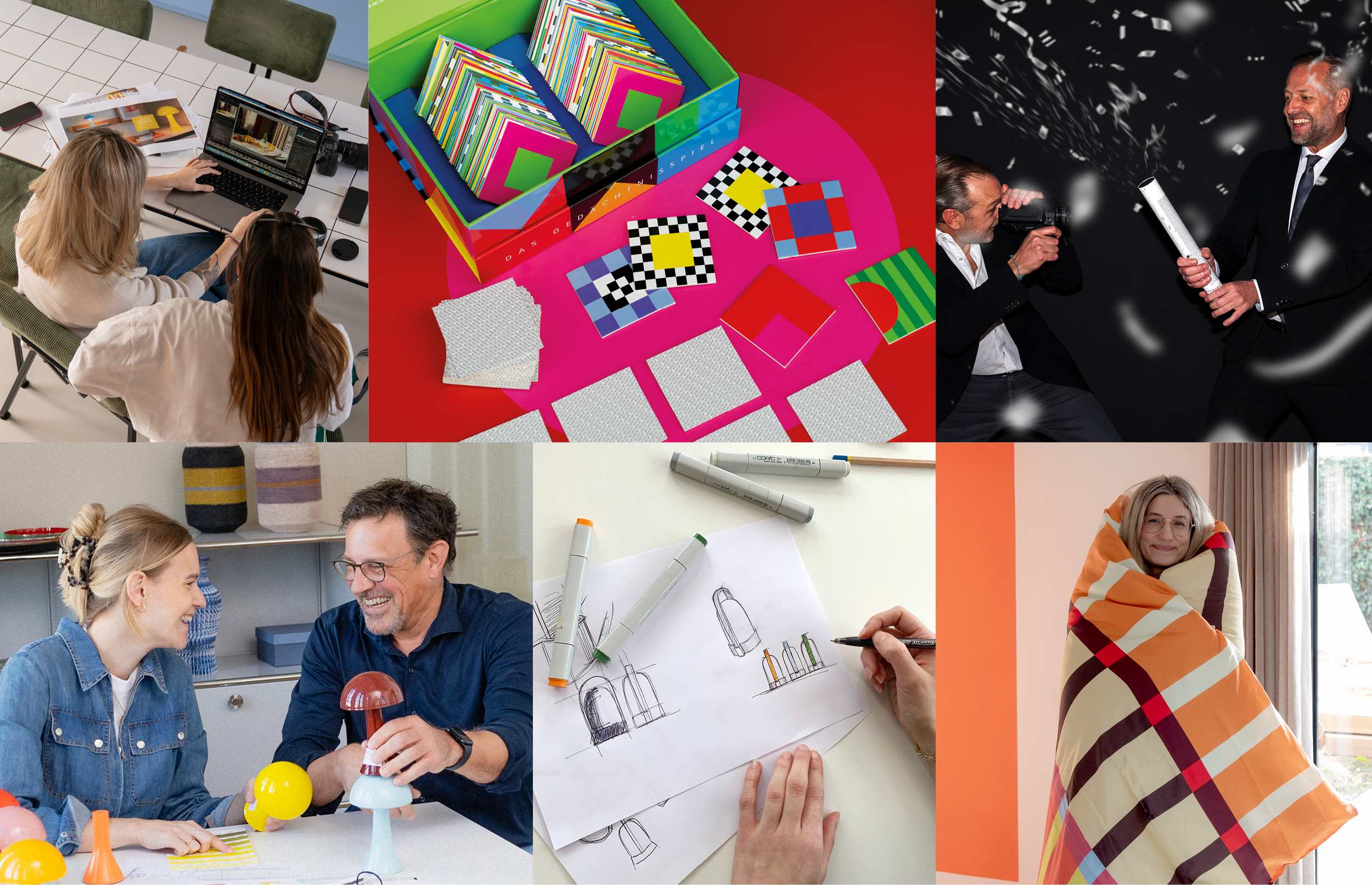Collage aus sechs Bildern: Zwei Personen arbeiten am Laptop, ein Gedächtnisspiel, Konfettikanone, Designerpaar mit Lampe, Skizzen und eine Frau in Decke gehüllt.