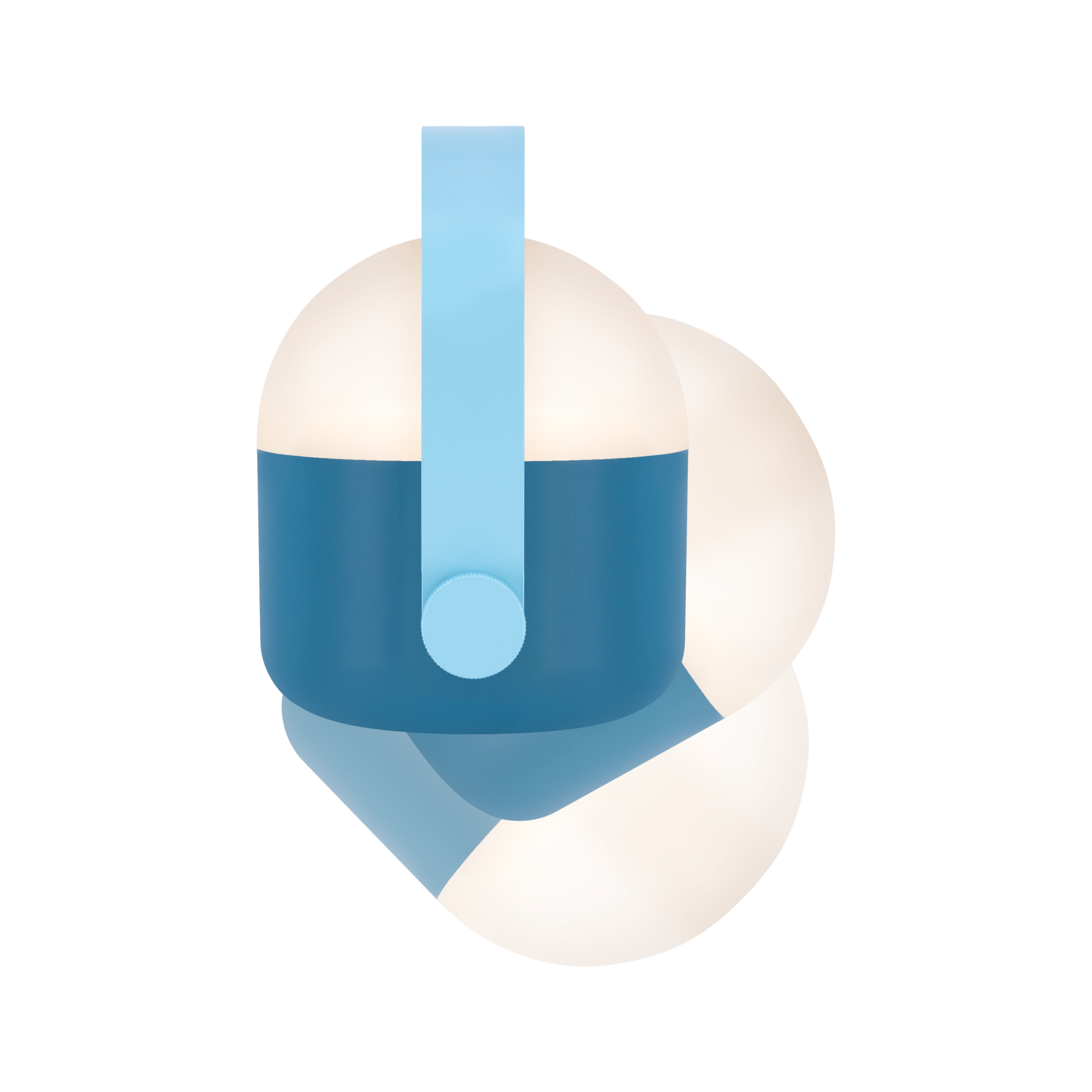 Blaue Leuchte Ole mit Henkel. Der obere Teil der Leuchte ist weiß und strahlt Licht aus, der untere Teil ist blau. Ein blauer Henkel ist mittig angebracht.