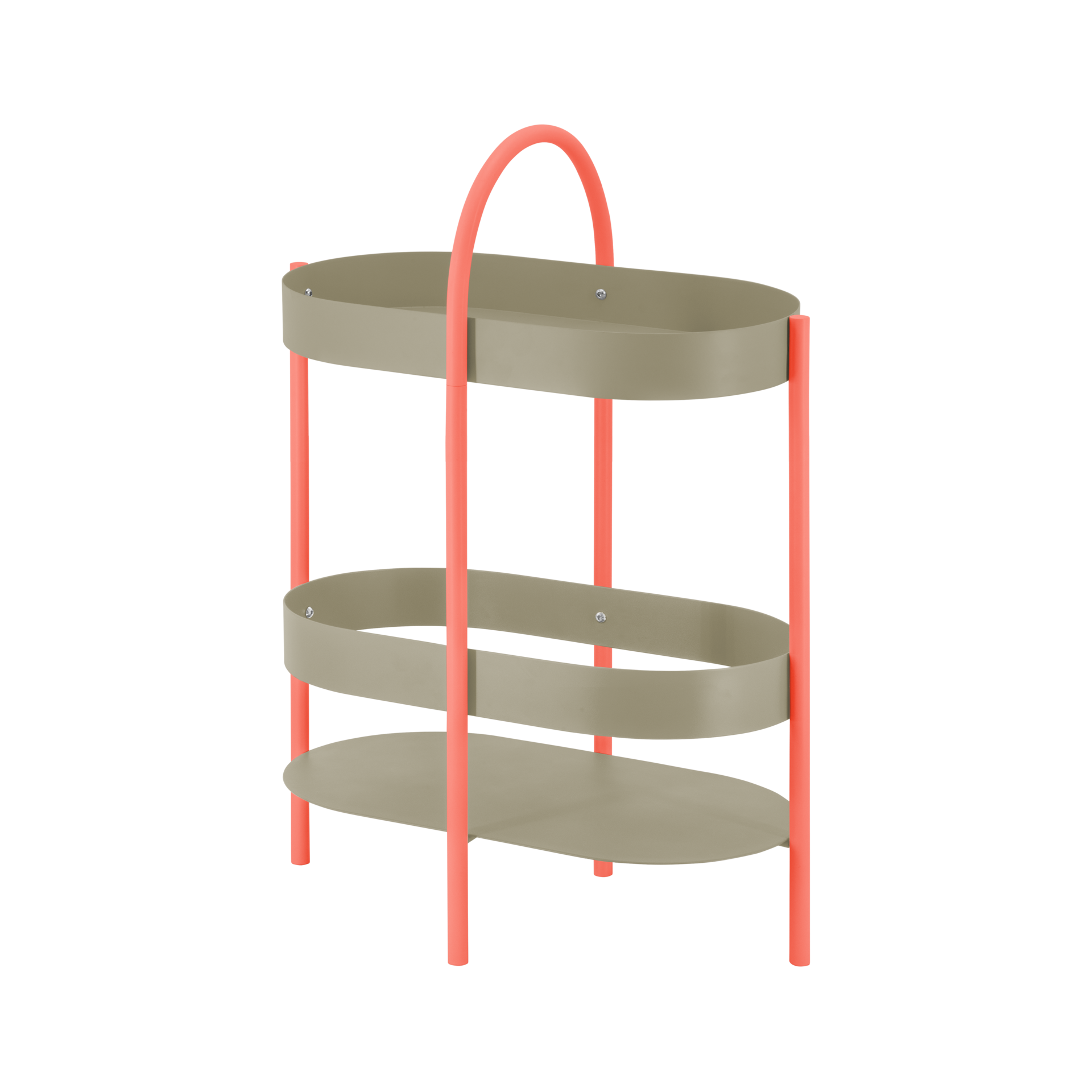 Eine korallfarbene Beistellkonsole Barbara mit drei Ablageflächen in Beige. Die Böden sind oval und werden von einem Griff und Füßen in Koralle gehalten.