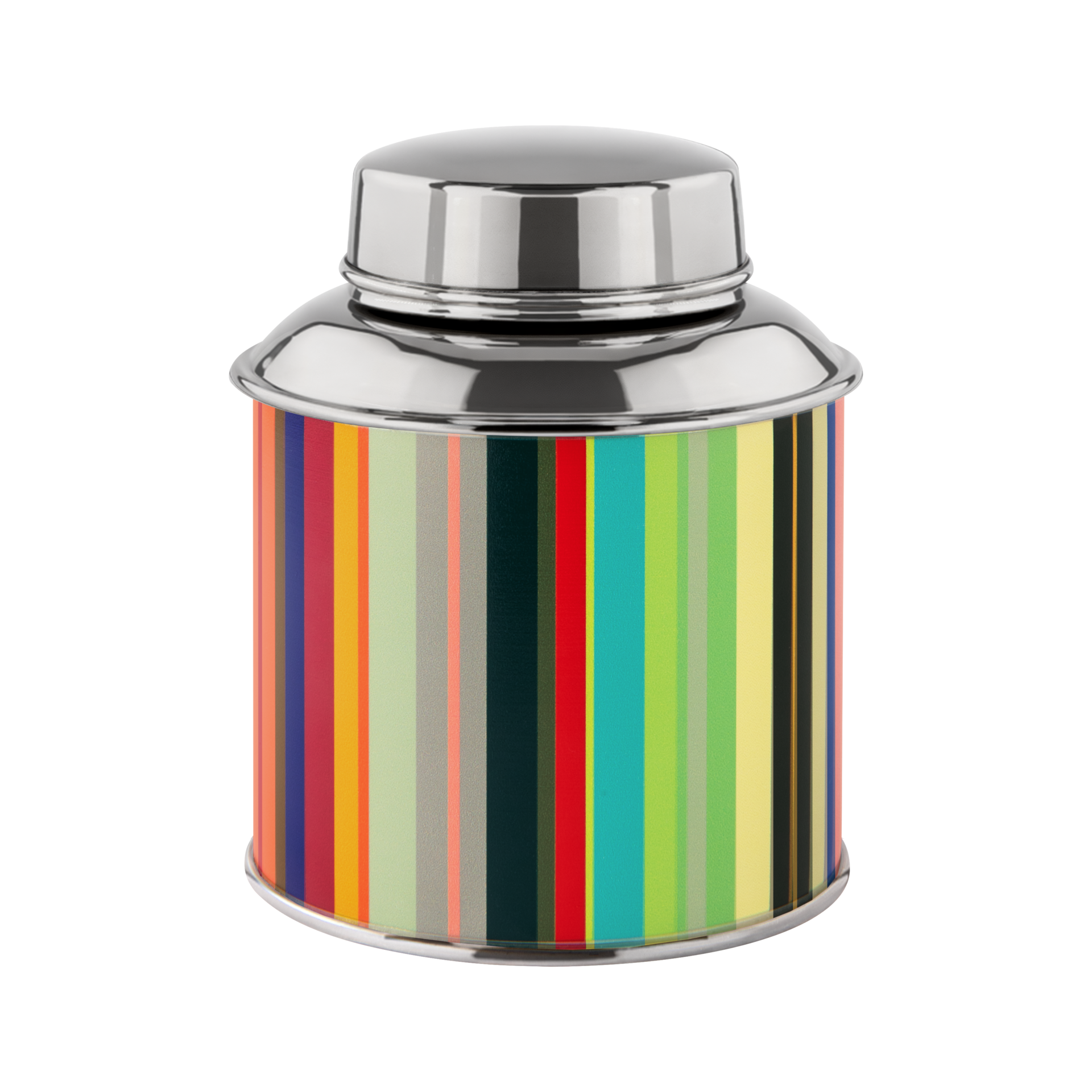 Boîte à thé cylindrique en acier inoxydable avec un couvercle argenté brillant. Le corps est orné d'un motif à rayures verticales colorées dans des tons automnaux éclatants tels que le vert, le jaune, l'orange, le rouge, le bleu et le gris.