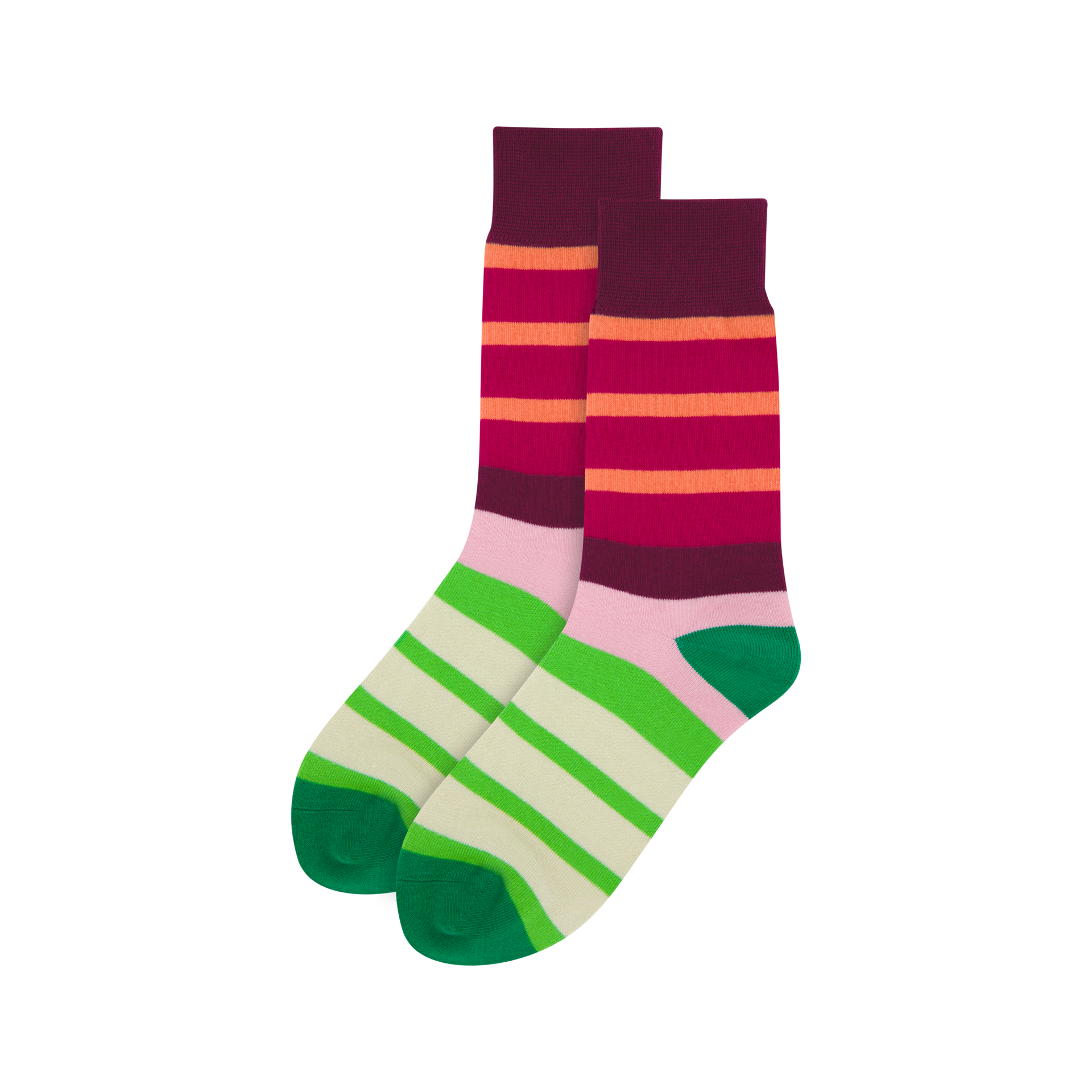 Zwei bunte, geringelte Socken (Größe 36-41) vor weißem Hintergrund. Die Socken verfügen über unterschiedliche Farbmuster an Fuß, Knöchel und Schaft.