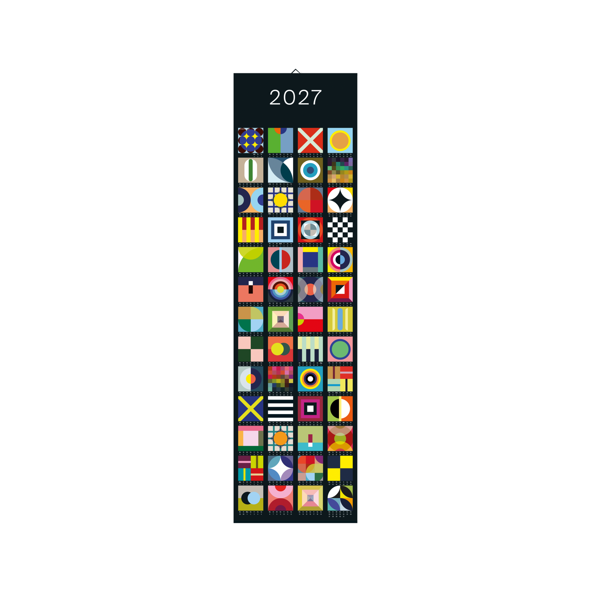 Calendrier vertical en bannière 2027 avec 52 carrés colorés et abstraits sur fond sombre. Chaque case représente une semaine et affiche des formes géométriques et motifs vivants uniques. L'année 2027 est en haut.